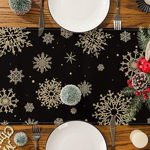 Miniatura 5 de Siilues Camino de mesa de Navidad, decoración de copos de nieve, camino de Navidad negro y dorado para mesa de Navidad de temporada para decoración