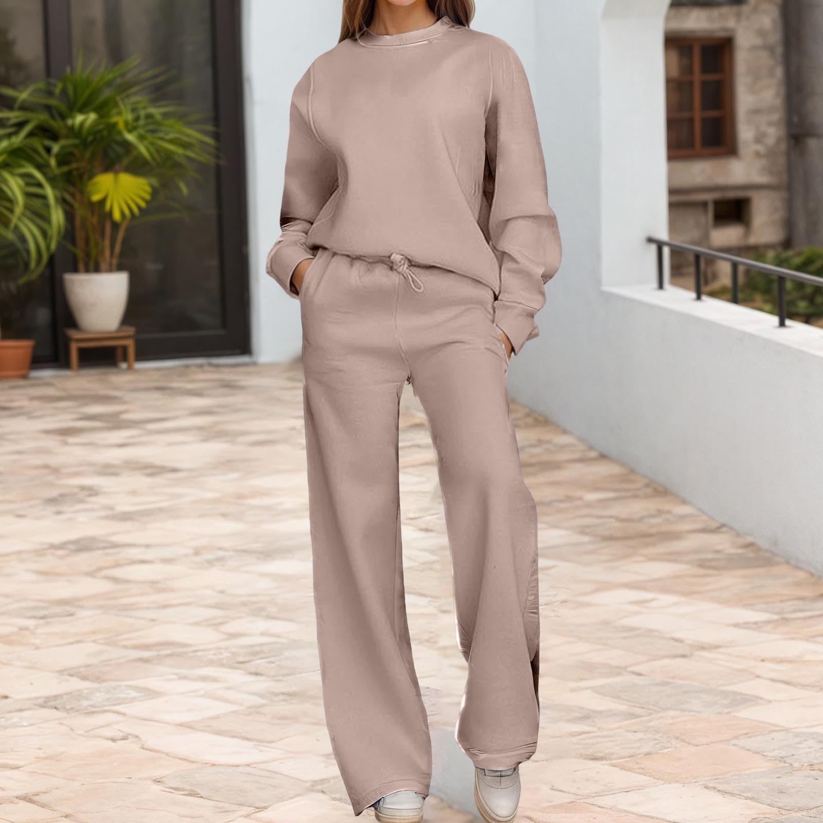 Einfarbiger Damen Hosenanzug Langärmliger Jumpsuit mit Rundhalsausschnitt Weitem Bein Entspannte Passform Elegant Lässig