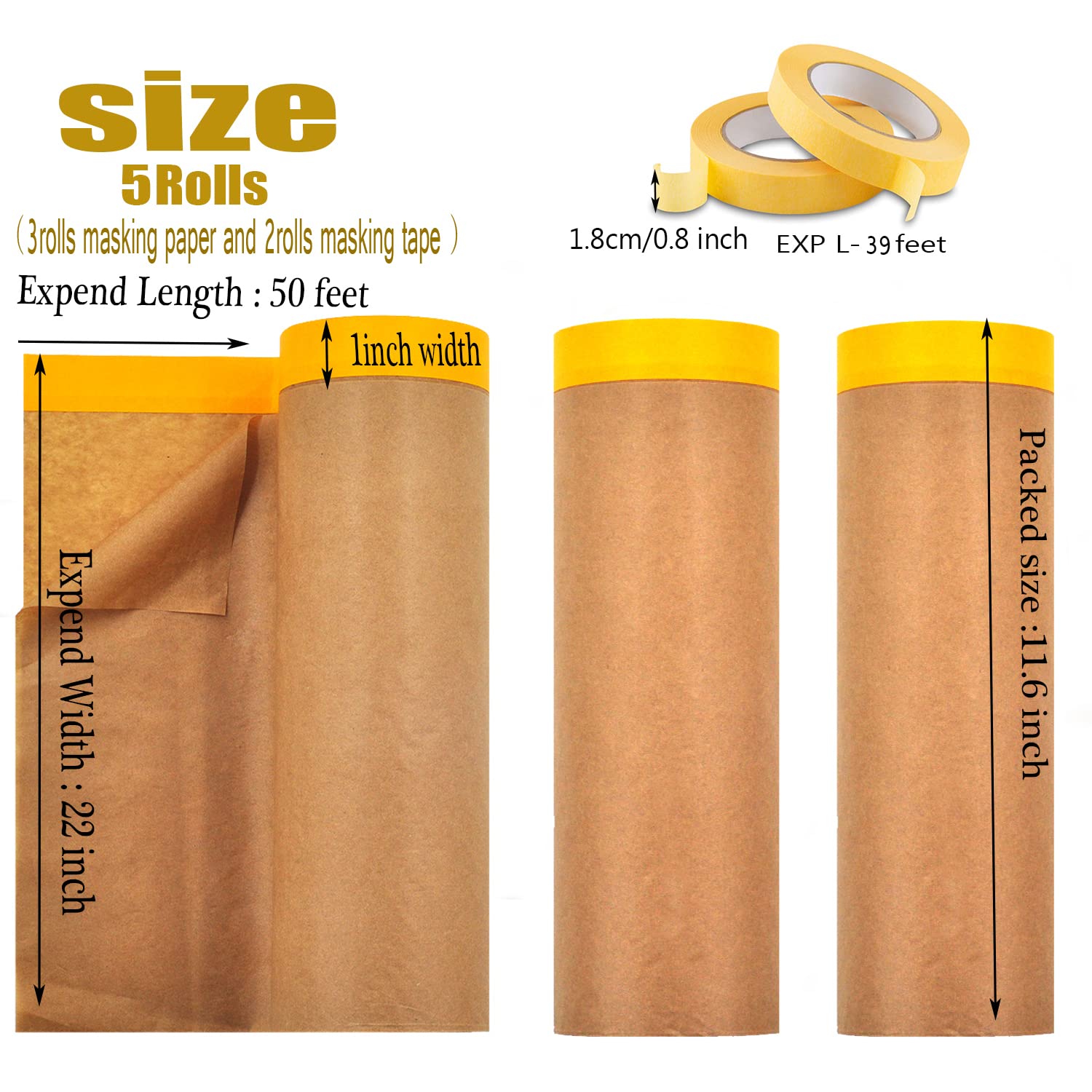 Farbabdeckpapier mit Klebstoff – 56,8 cm x 157,7 m Malerpapierrolle, Klebeband und Vorhang zum Malen, Bodenschutz, Auto-Karosserieabdeckung, Wandabdeckung