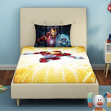 SPACES Marvel 100% Cotton Single Bedsheet with Pillow Covers Stain Release Breathable Fabric Skin Safe Printed(152CMX224CM/43CMX68CM) - Cream