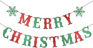 Red & Green Glittery Merry Christmas Banner- Christmas Holiday Party Decorations,Santa Festive Party Decor,Winter Mantle Home Decor,Xmas Sign Banner Decorations
