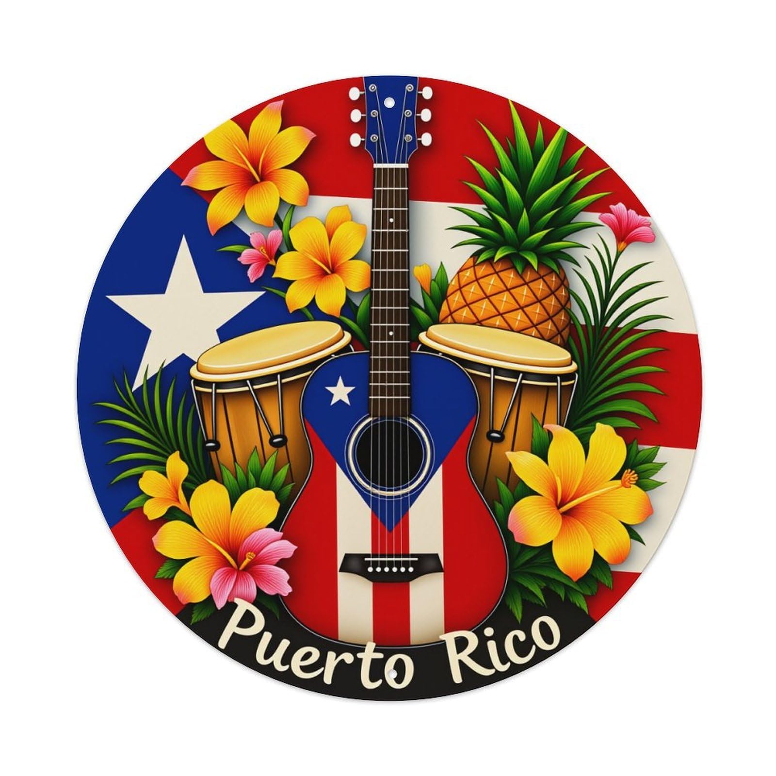 Puerto Rico Flag Guitar Flowers Pineapple Round Tin Sign Vintage Style Metal Sign Home Bar Garden Wall Plaque Decor Metal Poster 8x8 Inch
