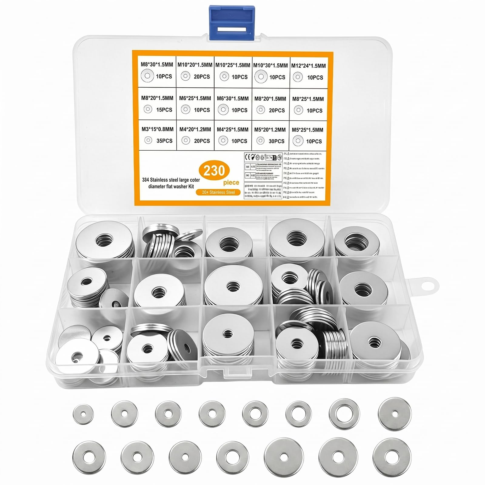 230 Pcs Assorted Washers for Screws, Large Stainless Steel Flat Penny Washers for Bolts, Plain Round Fender Flat Washer Assortment Kit for Screws & Bolts, M3 M4 M5 M6 M8 M10 M12 Washer Set
