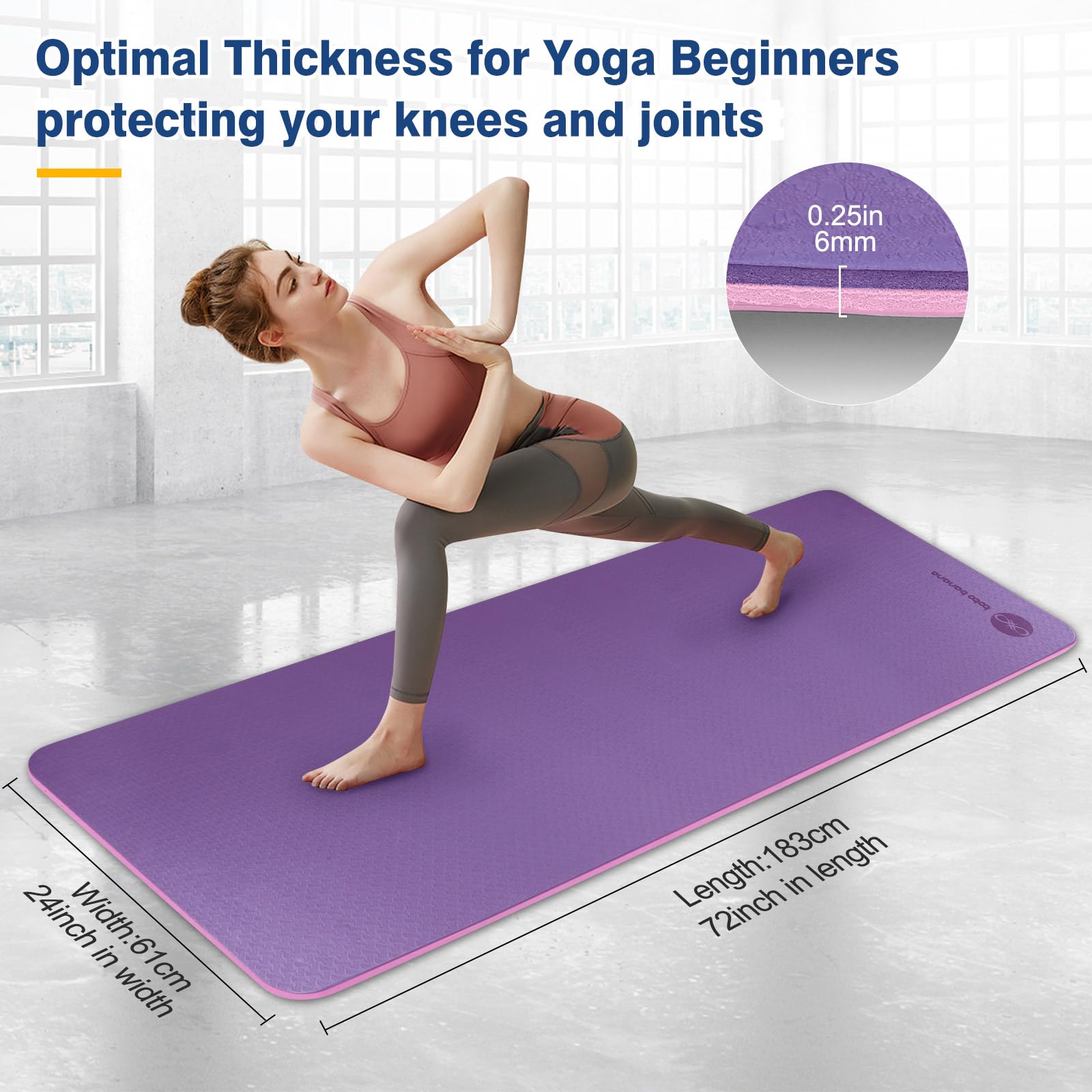 BOBO BANANA 1/4 Thick TPE Yoga Mat,72"x24" Eco-friendly Non-Slip Exercise & Fitness Mat for Men&Women with Carrying Strap, Home Workout Mat for Yoga,Pilates& Floor Exercise (purple)