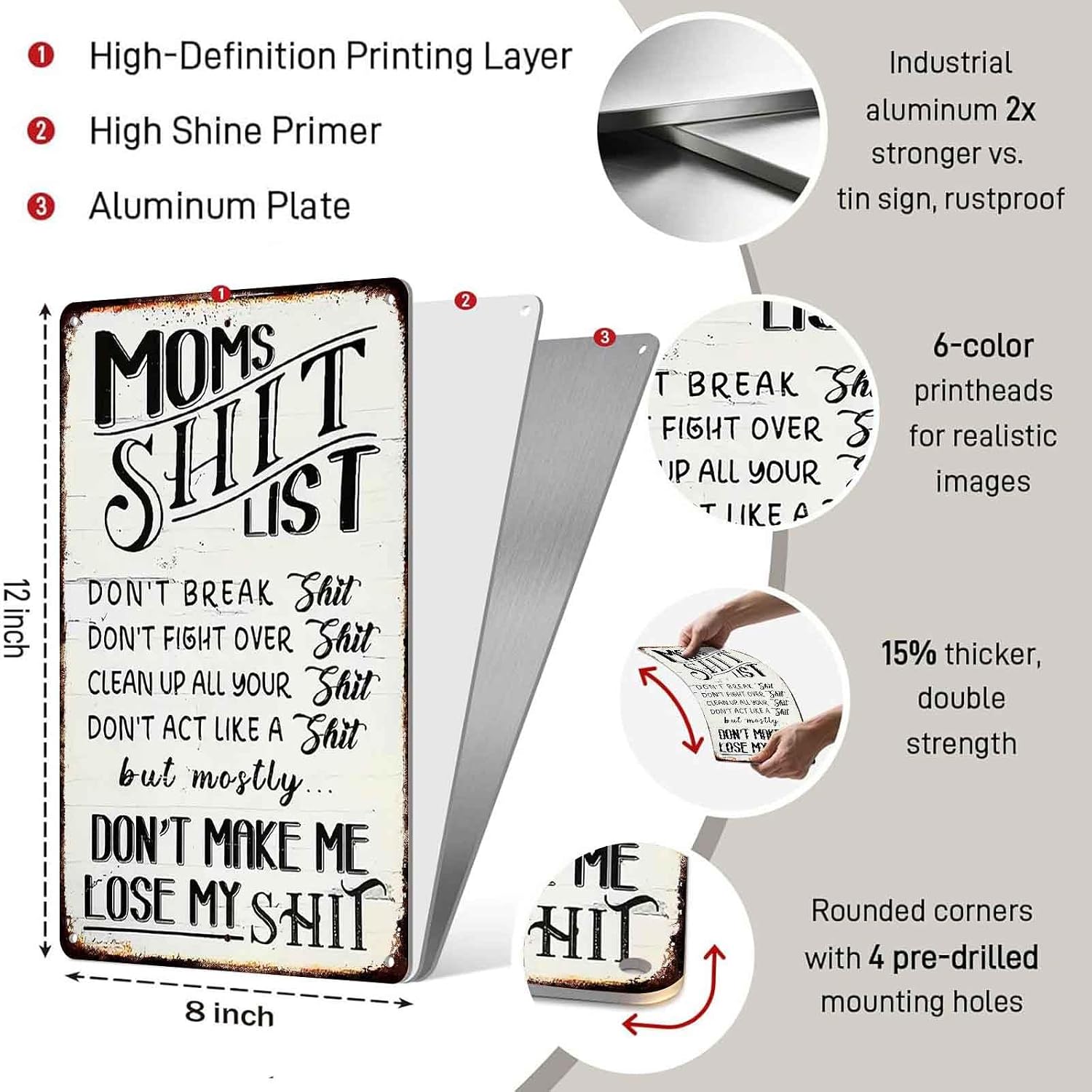 Mom's Sh*t List 8x12 Inch Aluminum Metal Sign - Sassy Mom Humor Decor for Kitchen, Living Room, Bedroom, Dorm - Retro Tin Sign Gift for Moms & Mother's Day
