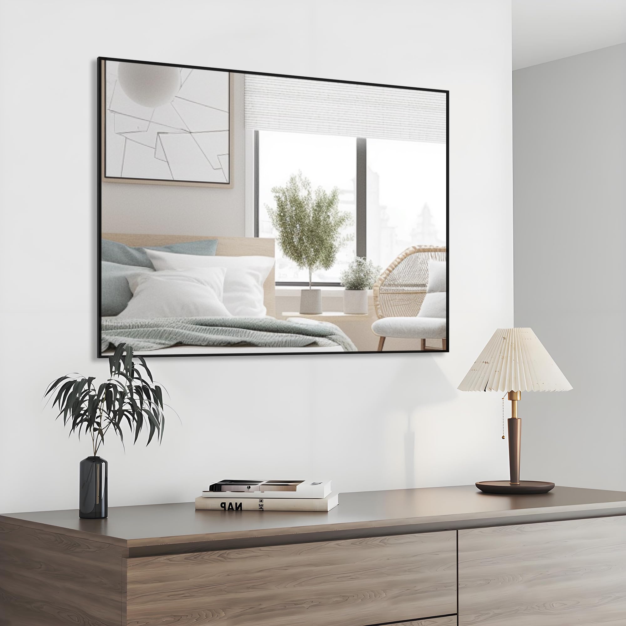 WONSTART Espejo de Pared Negro, Espejo de Pared Rectangular con Marco de Aluminio, Espejo de baño de Metal Moderno 56x76 cm para baño, Dormitorio, Sala de Estar, Colgante Horizontal o Vertical