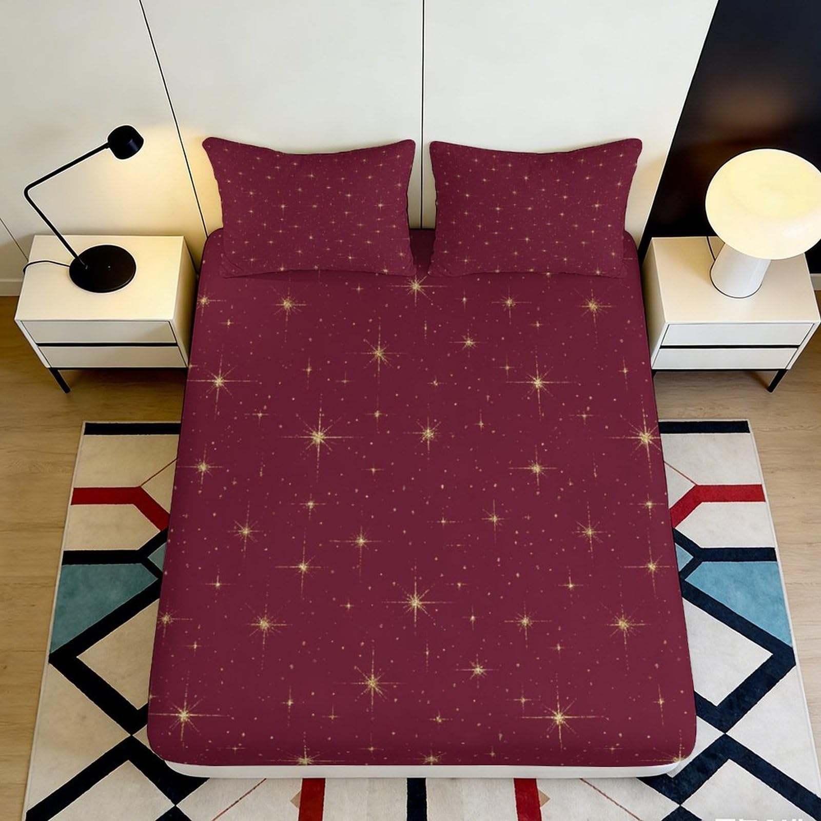 3D Printed Burgundy Star Fitted Sheet Microfiber Soft Breathable Cosmic Nebula Mattress Cover for Bedroom Guestroom 90x200x25cm