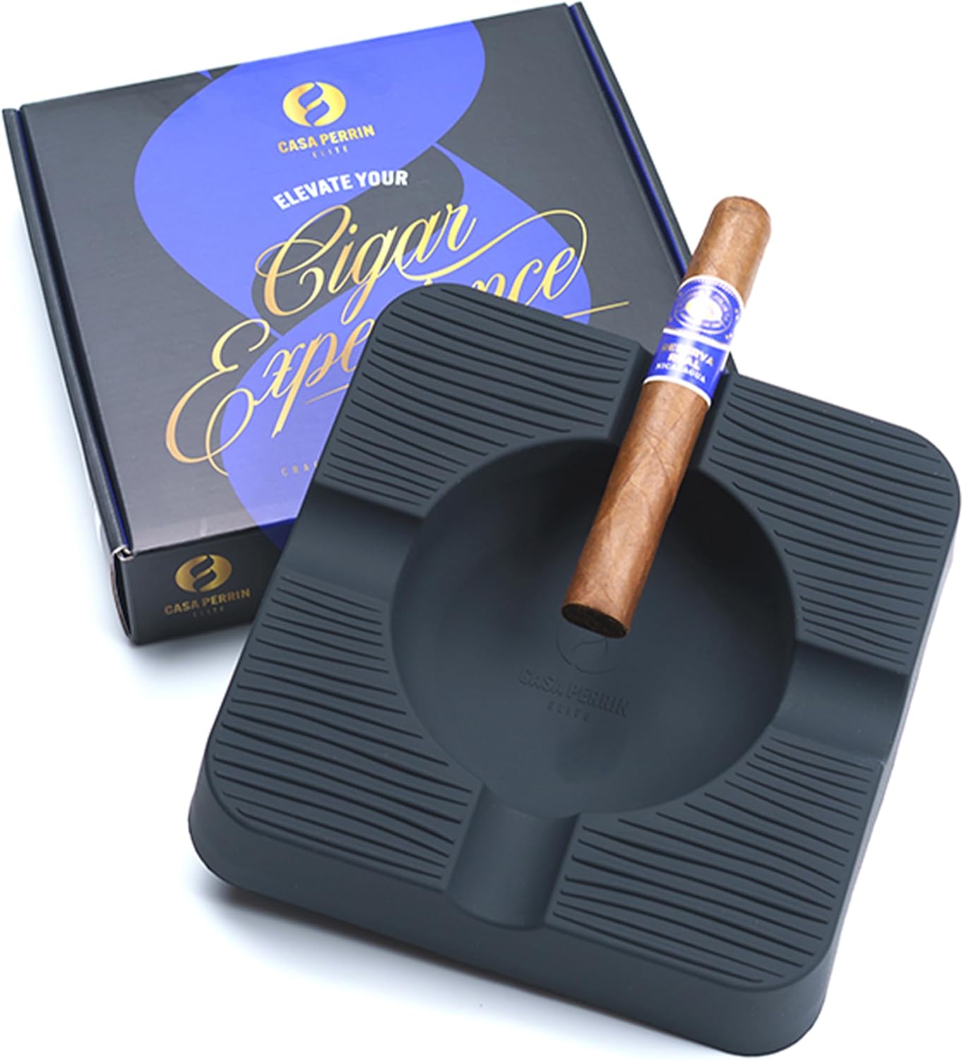 Outdoor Cigar Ashtray, Unbreakable Silicone Ashtray for Outside Patio, Pool, Restaurants, Bar, Lounge, 4 Cigar Rests, Dishwasher Safe, Home Ashtray, Giftable Box (Black)