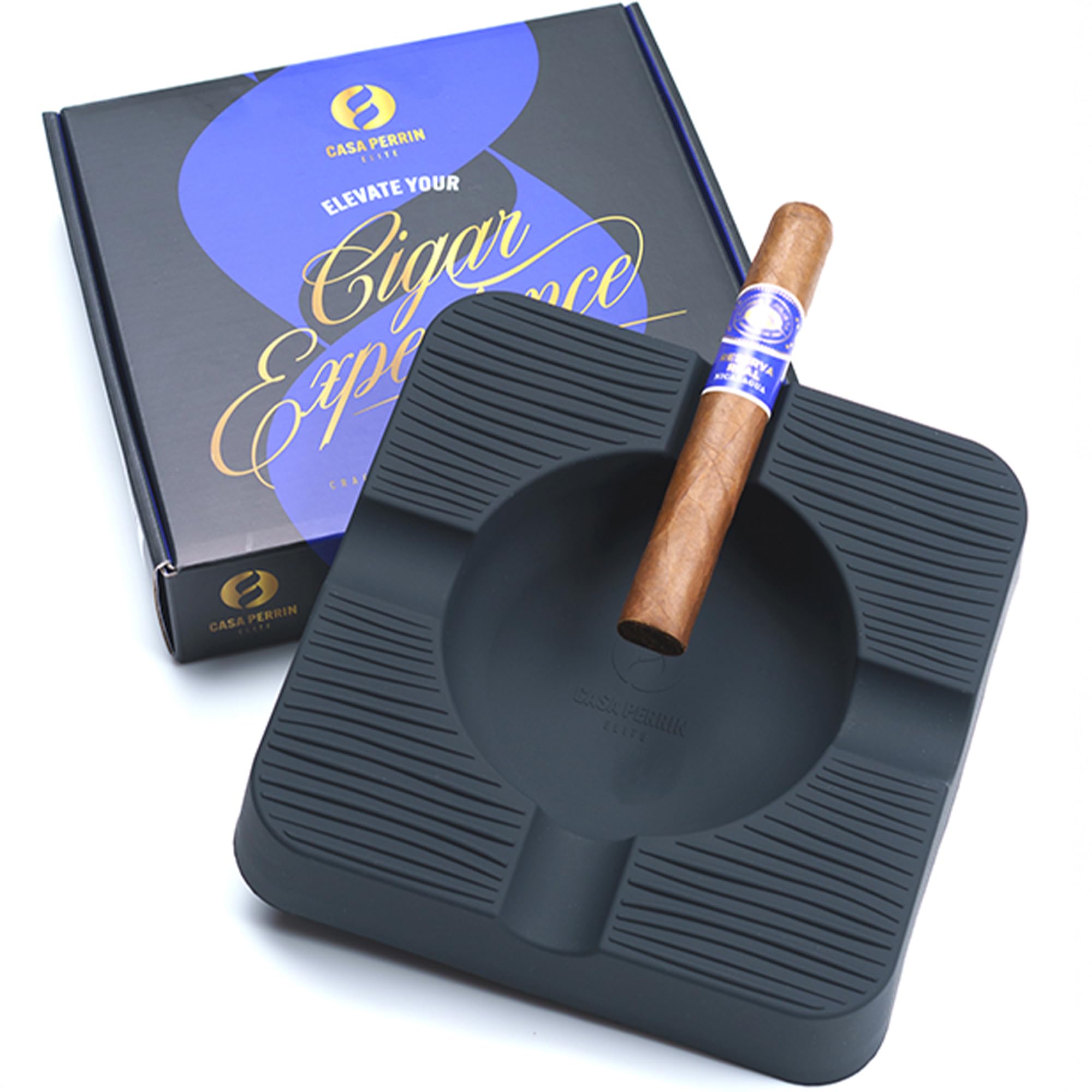 Outdoor Cigar Ashtray, Unbreakable Silicone Ashtray for Outside Patio, Pool, Restaurants, Bar, Lounge, 4 Cigar Rests, Dishwasher Safe, Home Ashtray, Giftable Box (Black)