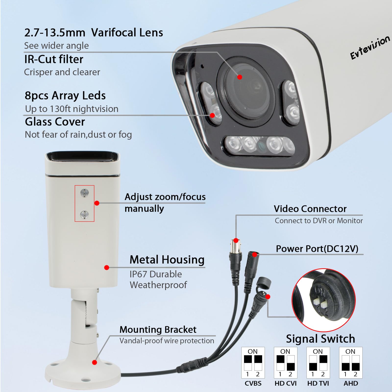 Bala Cámara de Seguridad 1080P HD 4 en 1 TVI/CVI/AHD/CVBS Cámara 2.7-13.5mm Lente varifocal IP67 Impermeable 130 pies Interior/Exterior Cámara de Seguridad de vigilancia