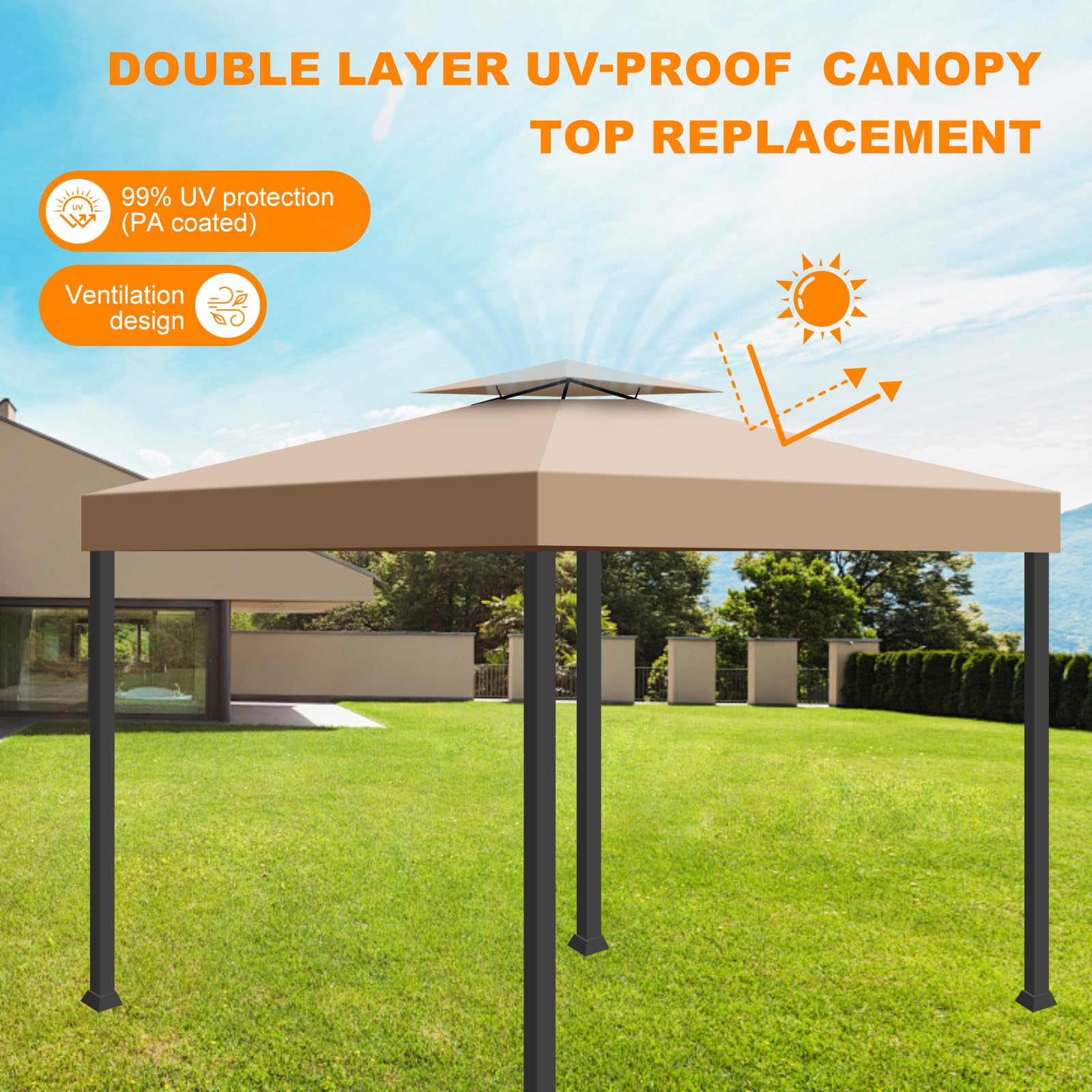 Telo Gazebo 3x3 m Impermeabile Anti-UV, 2 Livelli Tetto di Ricambio per Gazebo, Tenda da Sole Gazebo Rimovibile, 300D Poliestere Telo Ricambio Gazebo per Giardino, Patio, Esterni (Cachi)