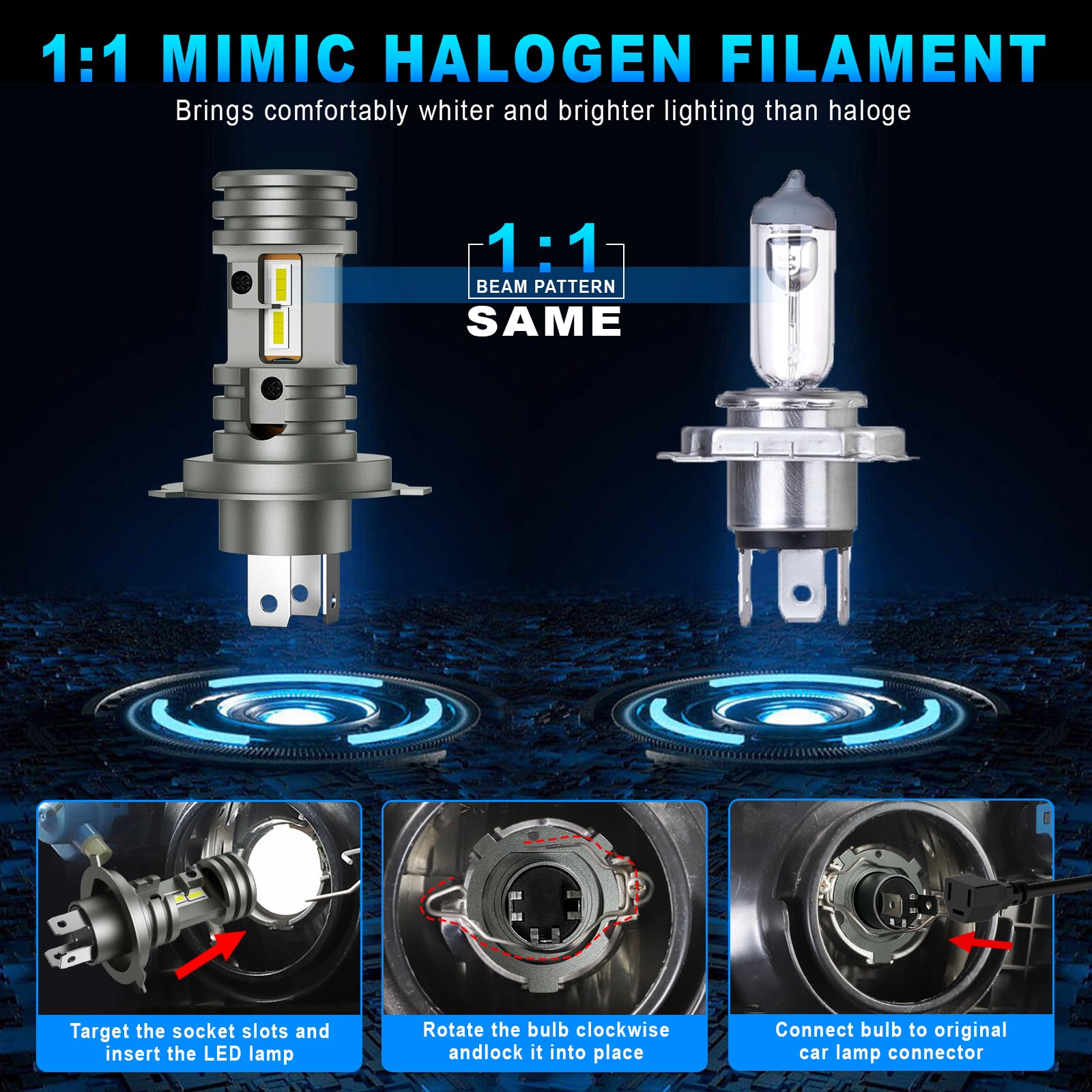 AUXIRACER H4 LED, 9003/HB2 Latest Car Vehicle Headlight, 30000LM 6500K Jasne białe światło 600% jasność, 1:1 Konstrukcja H4 Wymiana Halogenu, Plug-n-Play, opakowanie 2 szt