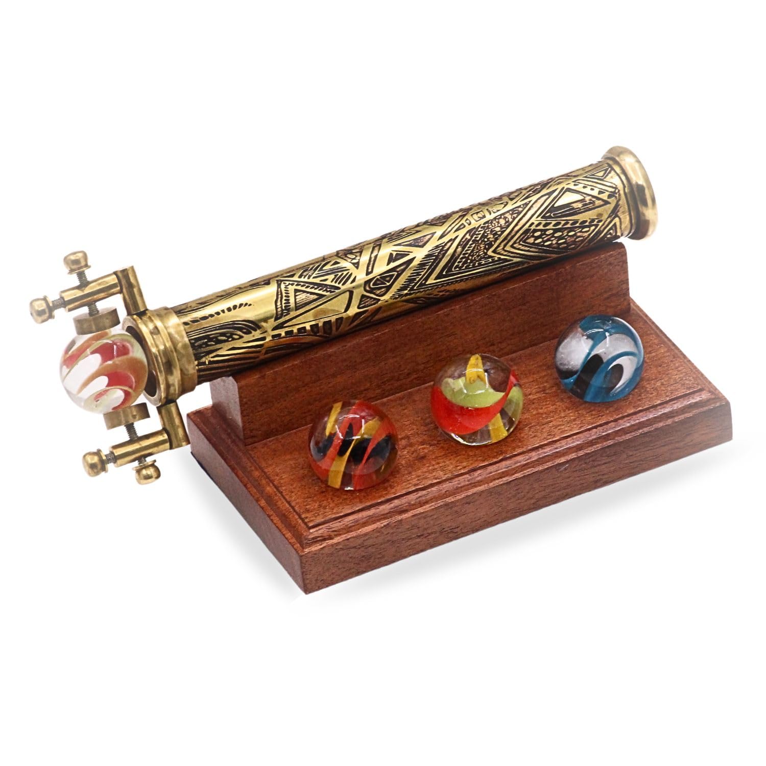 Caleidoscopio grande de latón con cuatro canicas de vidrio intercambiables, mármol retro vintage con soporte de exhibición de madera dura