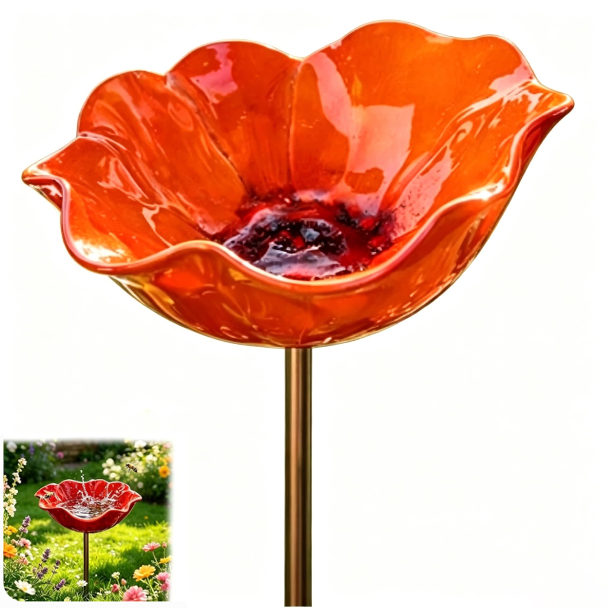 2026 New Handmade Metal Flower Garden Stake Bird Bath, Bee Watering Station with Poppy-Shaped Design, Weather-Resistant Outdoor Yard Art for Garden Patio Yard Lawn (Orange)