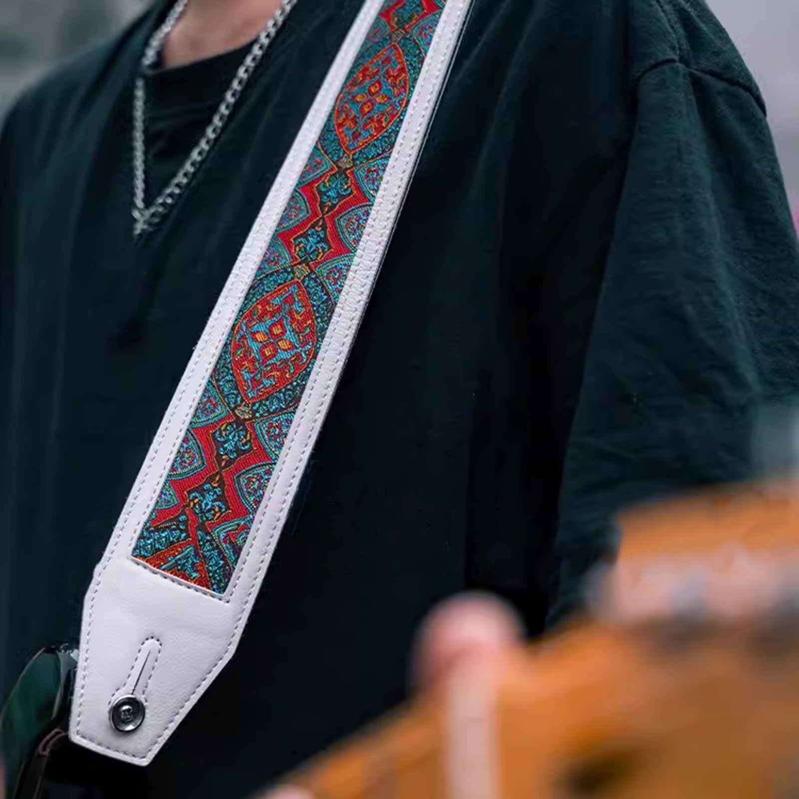 Tracolla per Chitarra Tracolla Regolabile con Ricamo Jacquard con estremità in Pelle per Basso, Chitarra Acustica, elettrica(Multi-Colored 7)