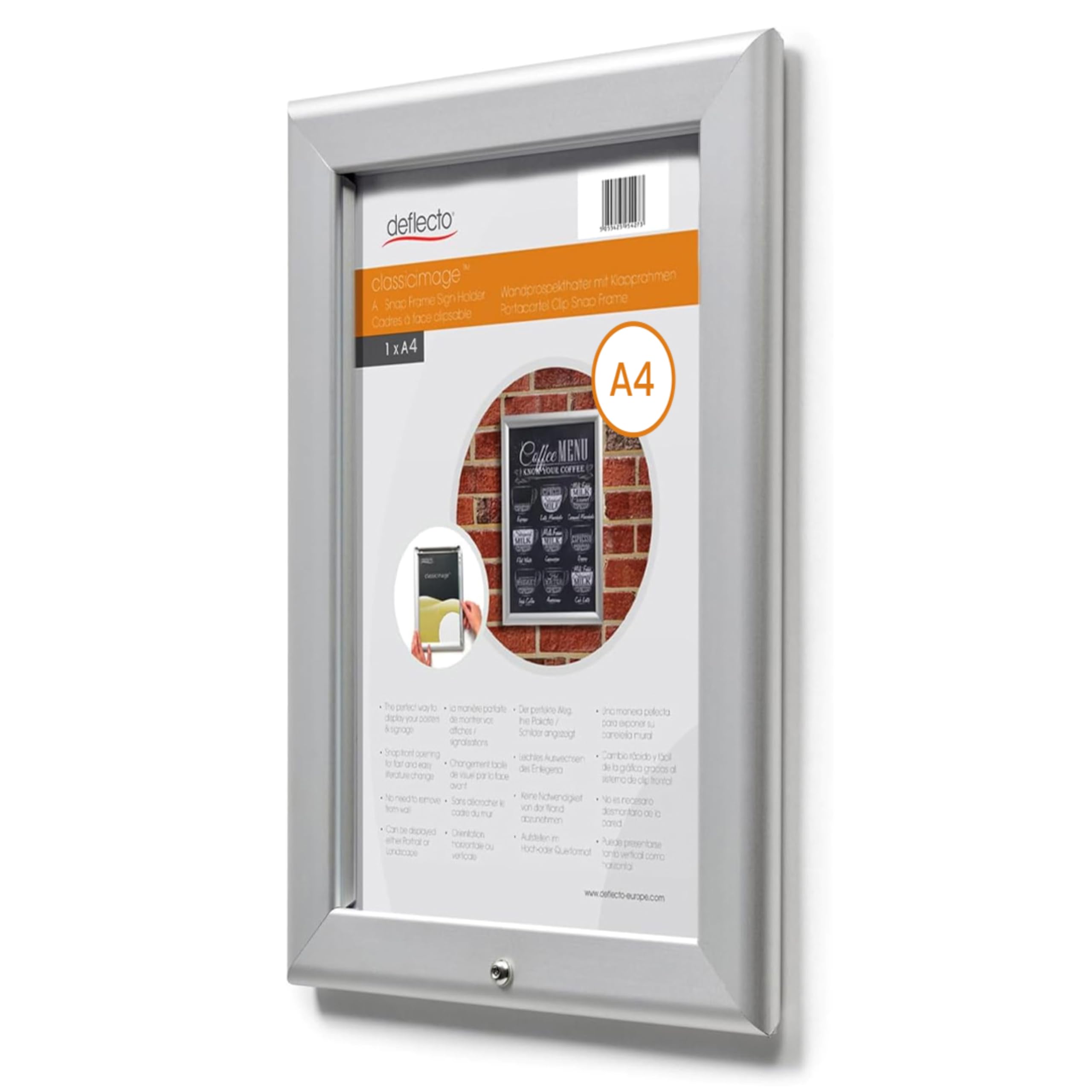 Deflecto Cadre à clipser A4 – Cadre à clip verrouillable en aluminium argenté pour affichage mural – Support de certificat et d'affiche avec clips d'ouverture pratiques sur le devant – Cintre élégant