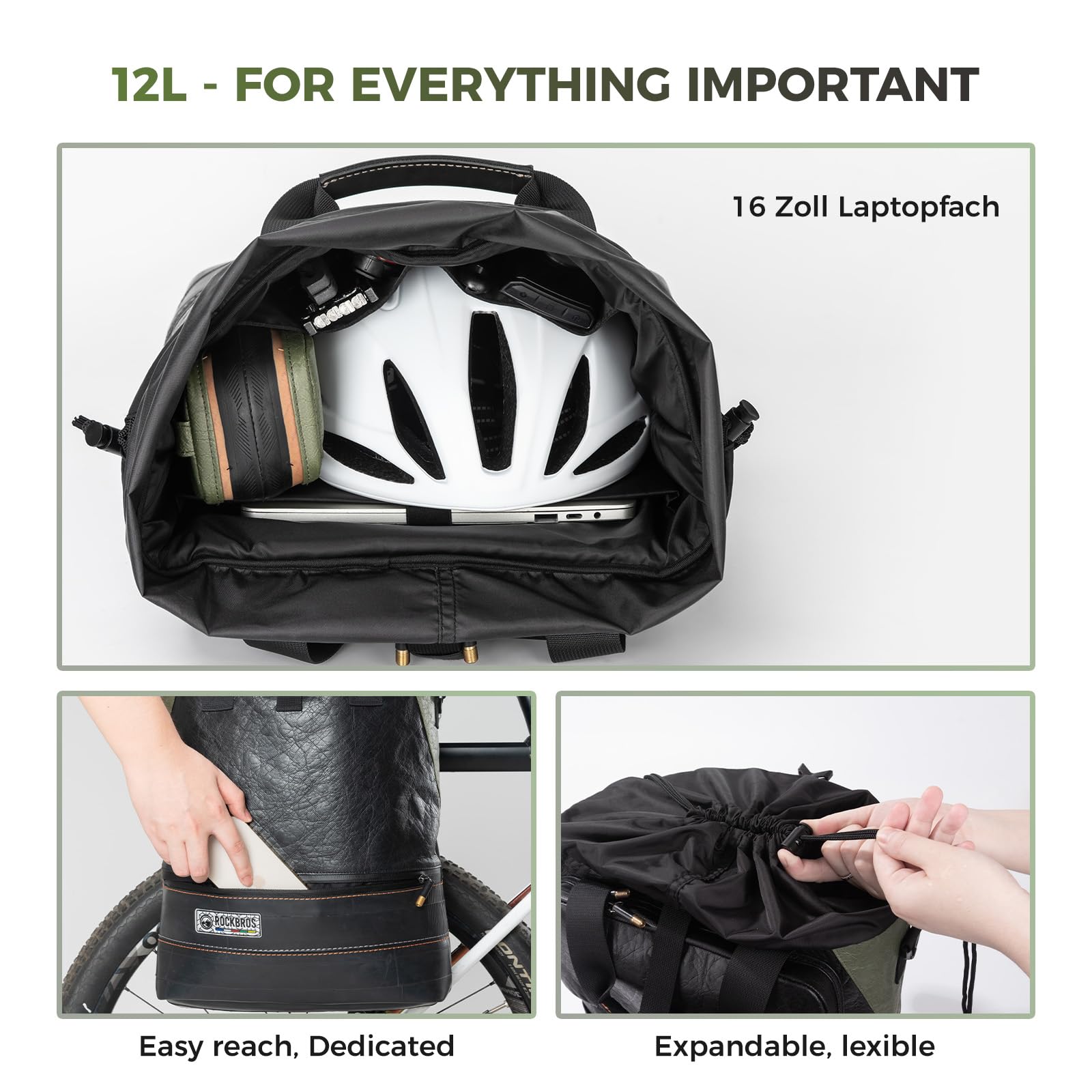 ROCKBROS Road to Sky 4 in 1 Borsa Bici Laterali 12L, Borsa da Bici per Portapacchi Regolabile con Maniglia e Tracolla, Idrorepellente e Ecologico, per Ciclismo Viaggio Commuting Escursioni