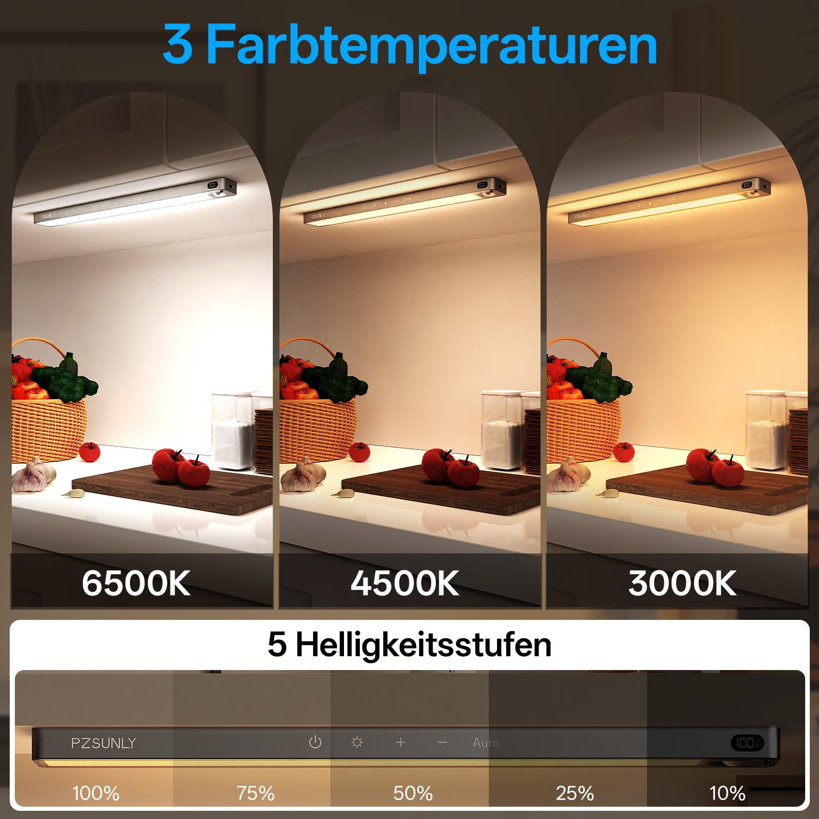 Unterbauleuchte Küche LED mit Batterieanzeige, Touch Dimmbar | 2200mAh Schrankbeleuchtung mit Bewegungssensor und Fernbedienung, 3 Farbtemperaturen, 3 Betriebsmodi, 5 Stück, Dunkelgrau