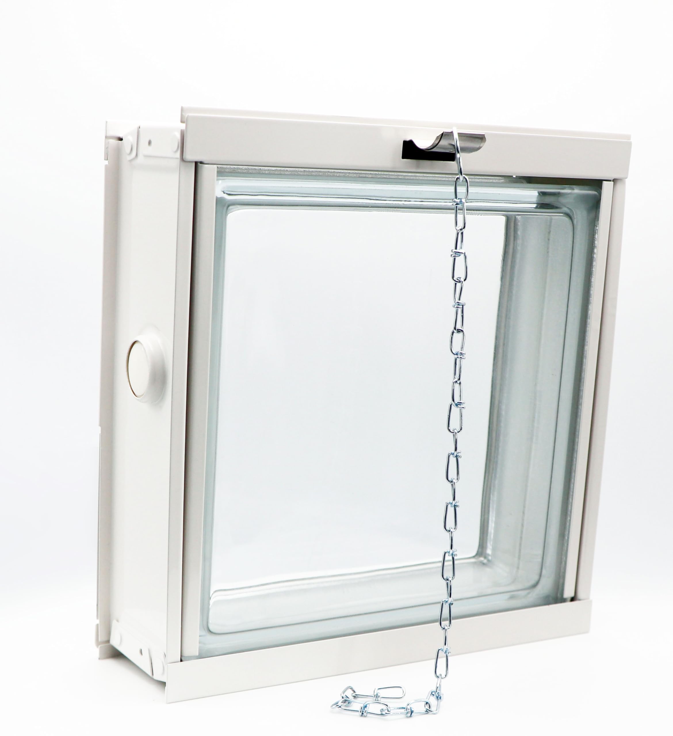Fuchs Design Hoja de ventilación de chapa de acero blanco (217x235x90 mm) para 1 bloque de vidrio (19x19x8 cm) - con mecanismo de tracción