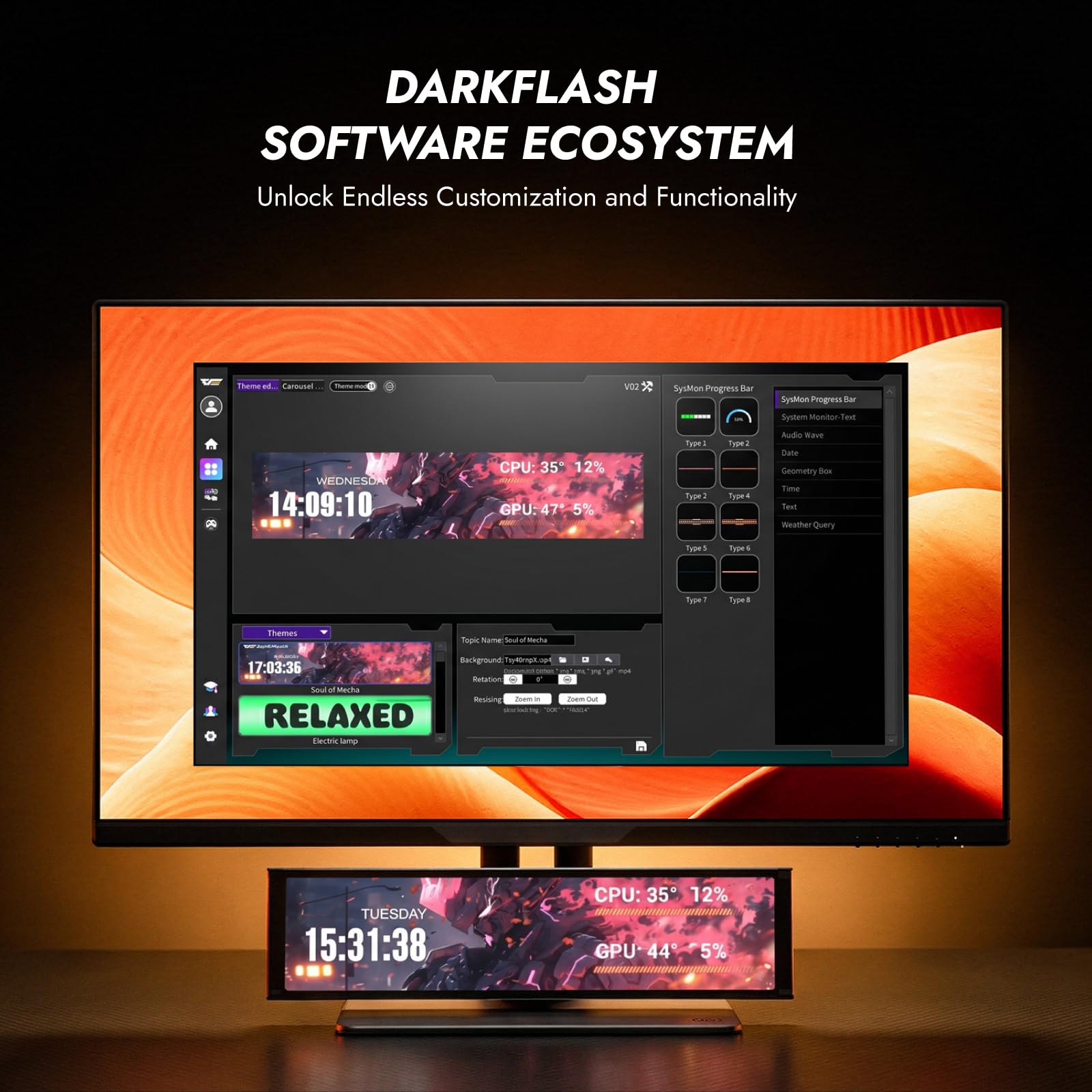 darkFlash V92 23,4 cm IPS-PC-Gehäuse-Sensor-Panel, 1920 x 462 sekundärer Monitor, exklusive Desktop-Spiegelung und Aufnahme, AIDA64-kompatibler Hardware-Monitor, Vollaluminiumlegierung, USB-C/interner