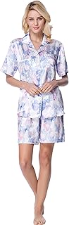 Sponsored Ad - Lavenderi Women's Short Sleeve Classical Silky Satin Pajamas, Short Bottom Sleepwear