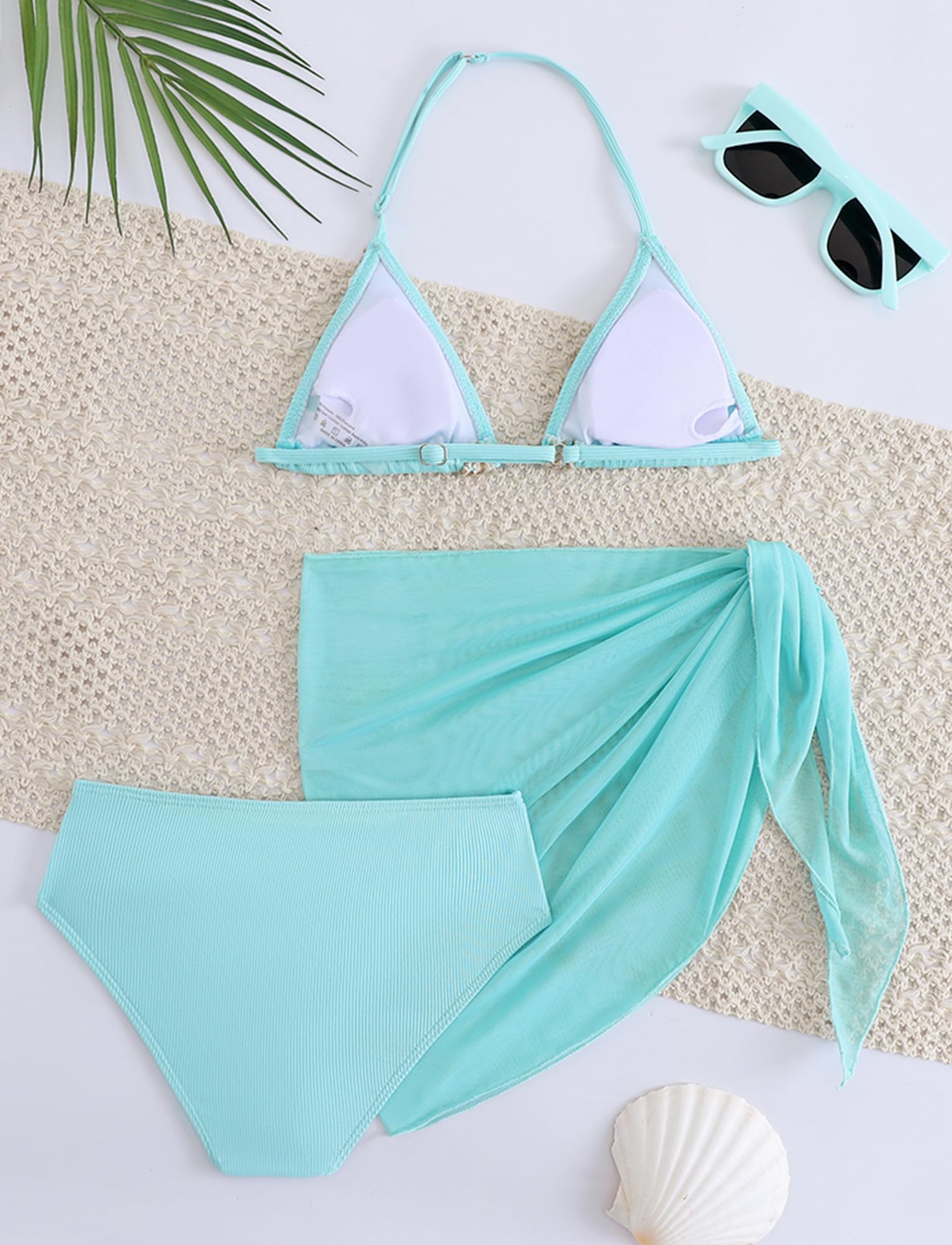 SEAUR Conjunto de bikini para niña, 3 piezas, traje de baño con falda, moderno, decoración de conchas, traje de baño acolchado, 8-12 años