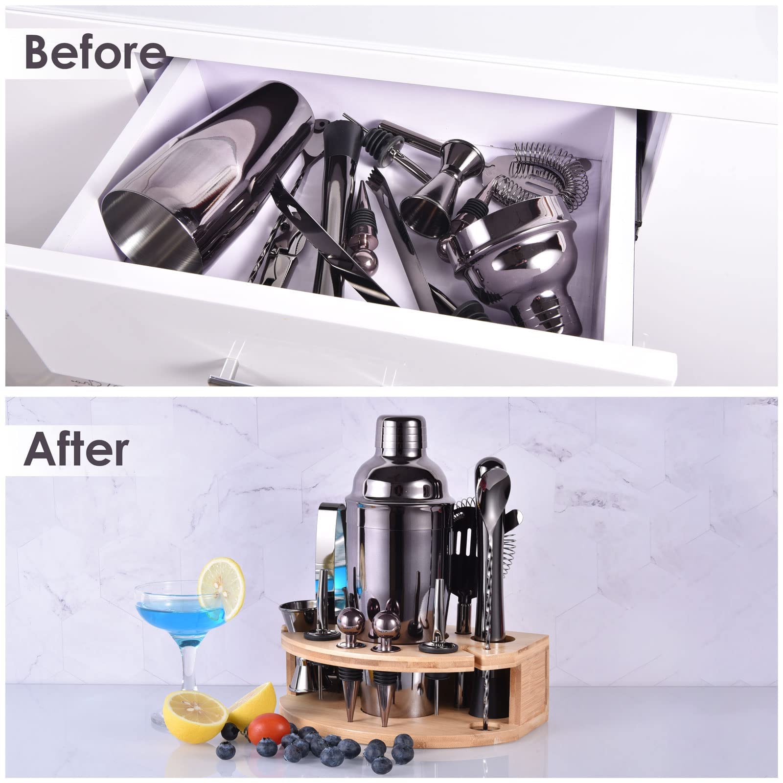 Set Shaker Da Cocktail 12 Pezzi In Acciaio Inox 750ml Con Supporto Bambù - Regalo Per Mixology Con Ricettario, Grigio Titanio - 2