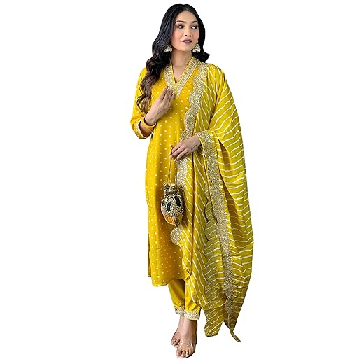 Naixa Women's Rayon Cotton Lining Embroidered Straight Kurta with Pant and Dupatta Sets (NX-470)