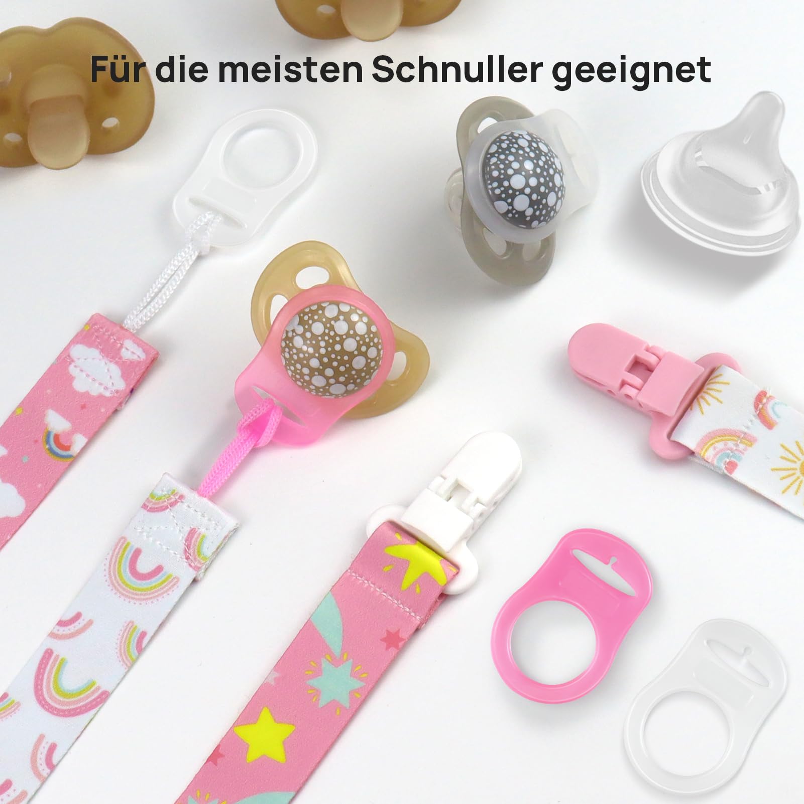 4 Pezzi Ciuccio Catena per Bambini, Catenella Porta Ciuccio con 4 Pezzi Ciuccio Clip Adattatore per Neonato per Nascita Battesimo Baby Compleanno Natale Regalo (rosa)