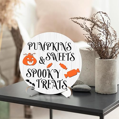 Miniatura 5 de Placa redonda de madera de Halloween de 6 pulgadas con soporte de madera, decoración de escritorio, golosinas espeluznantes, calabazas dulces,