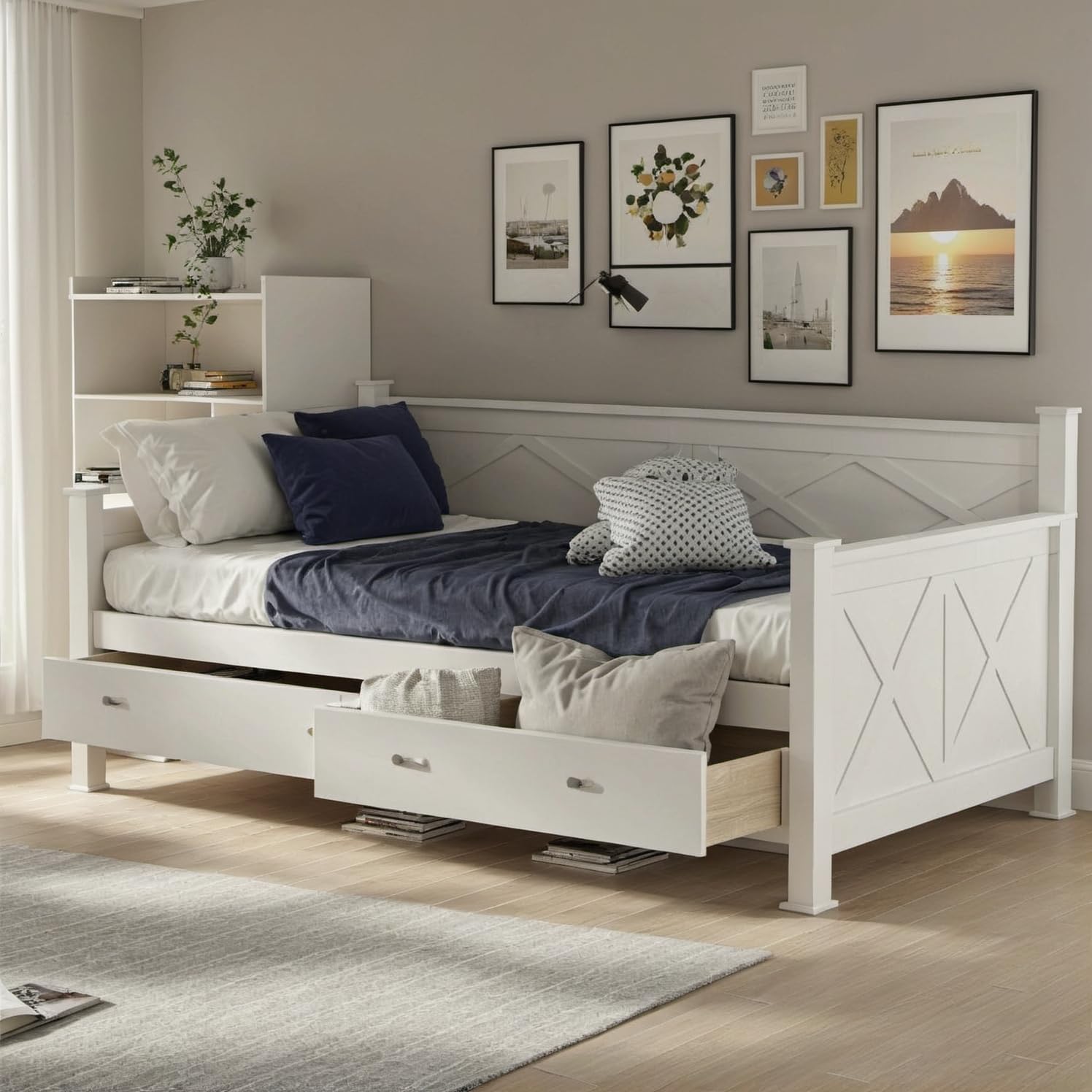 Twin Size Daybed with Storage Drawers, Solid Pinewood Bedframe for Boys/Girls/Teens Bedroom, No Box Spring Needed, White