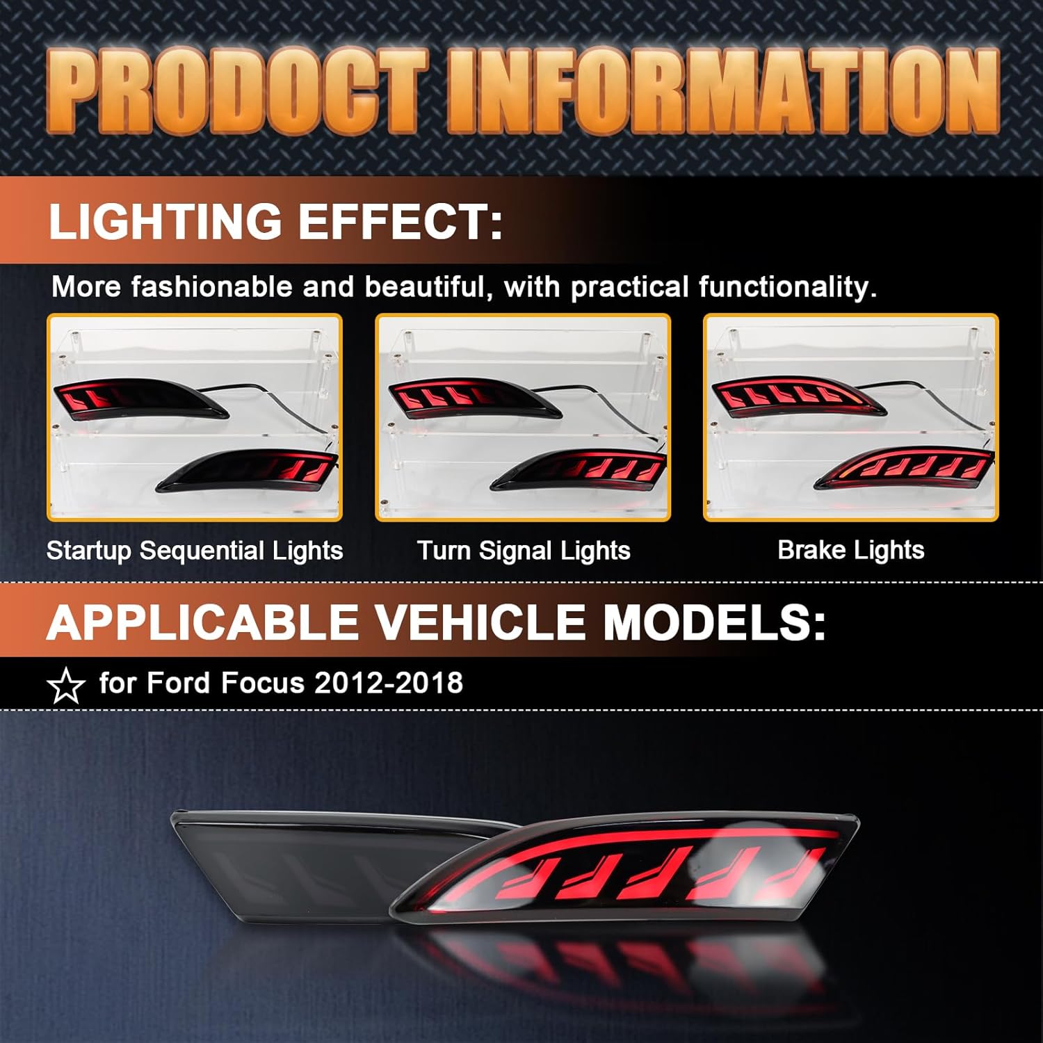 2PC Rear Bumper Reflectors Light,Brake Tail Light Lamps Compatible with for Ford Focus 2012-2018 & Hatchback 2012-2014（Not fit ST SEL）,LED Reflector DRL Turn Signal Lights Kit (Smoked)