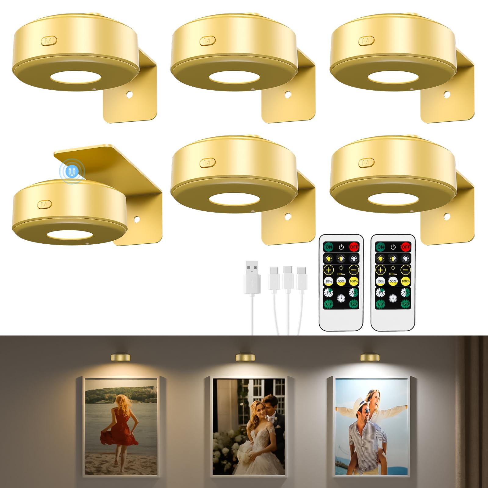 Clarynt Picture Lights, Rechargeable Battery Operated Dimmable 3-Color Wall Light with Remote & Timer for Paintings, Artwork, Gallery, Wall Decor, Photo Frames(6 Gold)