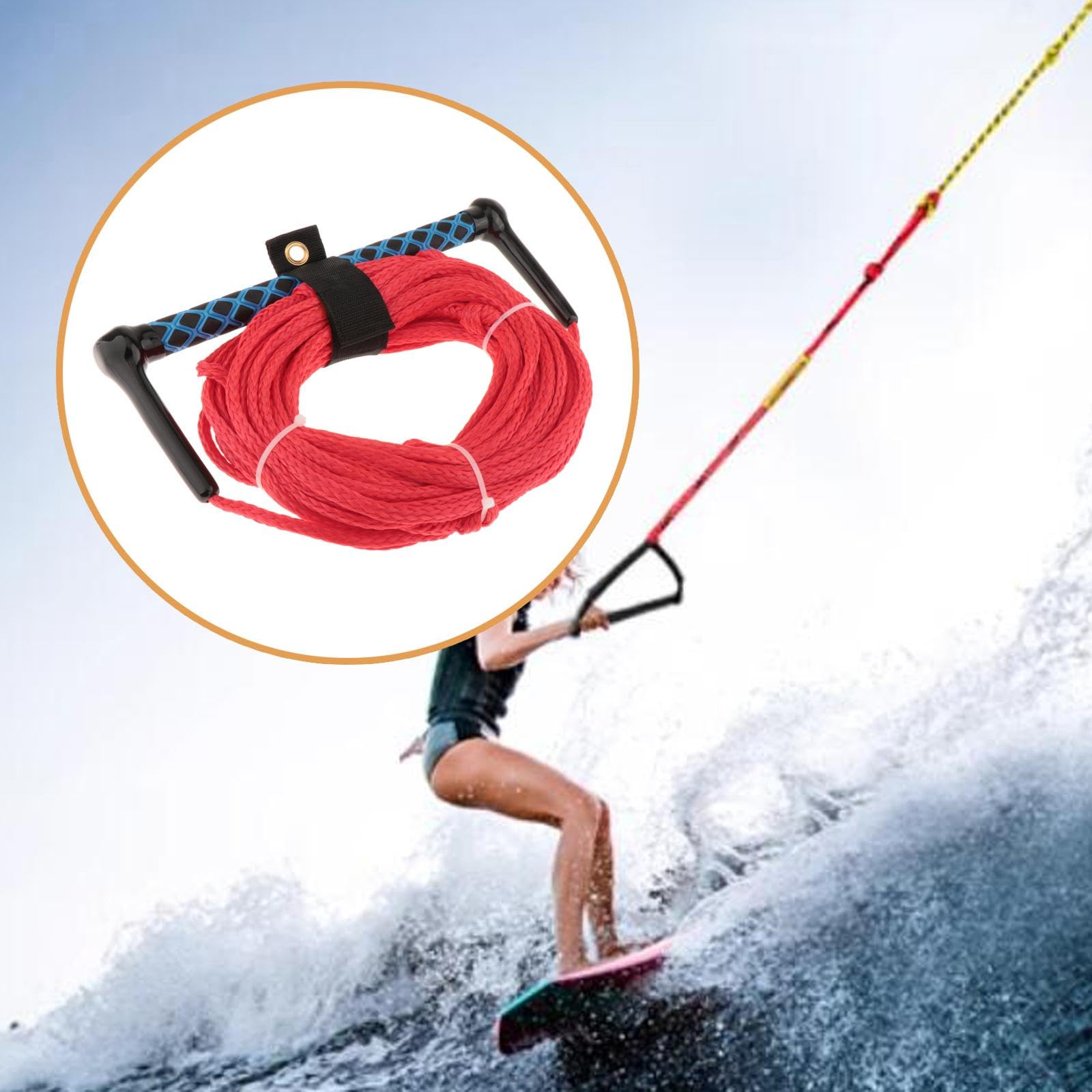 Cuerda para Esquí Acuático 23 Metros con Asa, Correa Portátil para Surf, Wakeboard, Roja