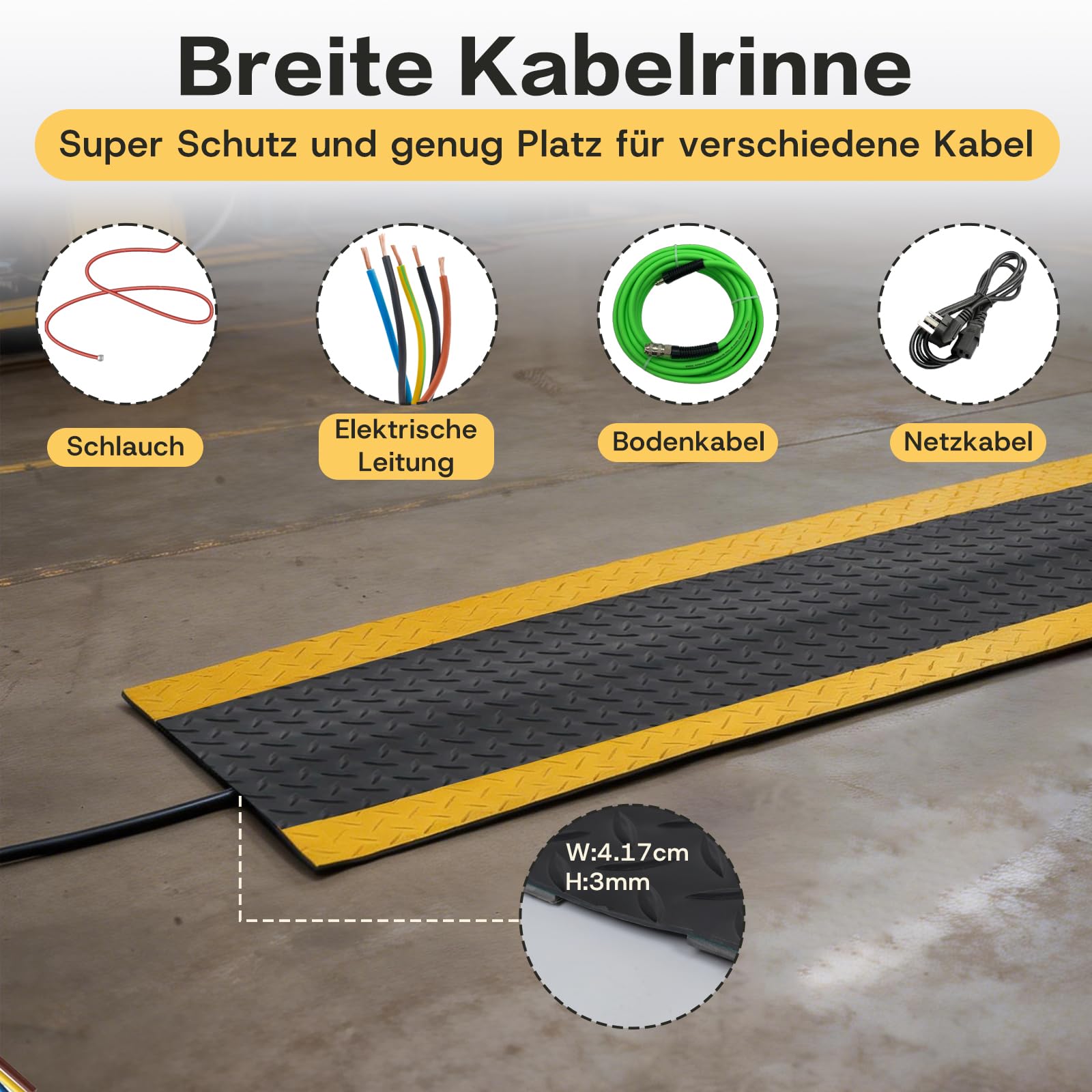 Kabelbrücke Kabelschutzmatte 1200 x 400 x 5 mm, PVC Gummi Kabelkanal Boden, Anti-Rutsch Profil Kabelbrücken für sicheren Kabelschutz