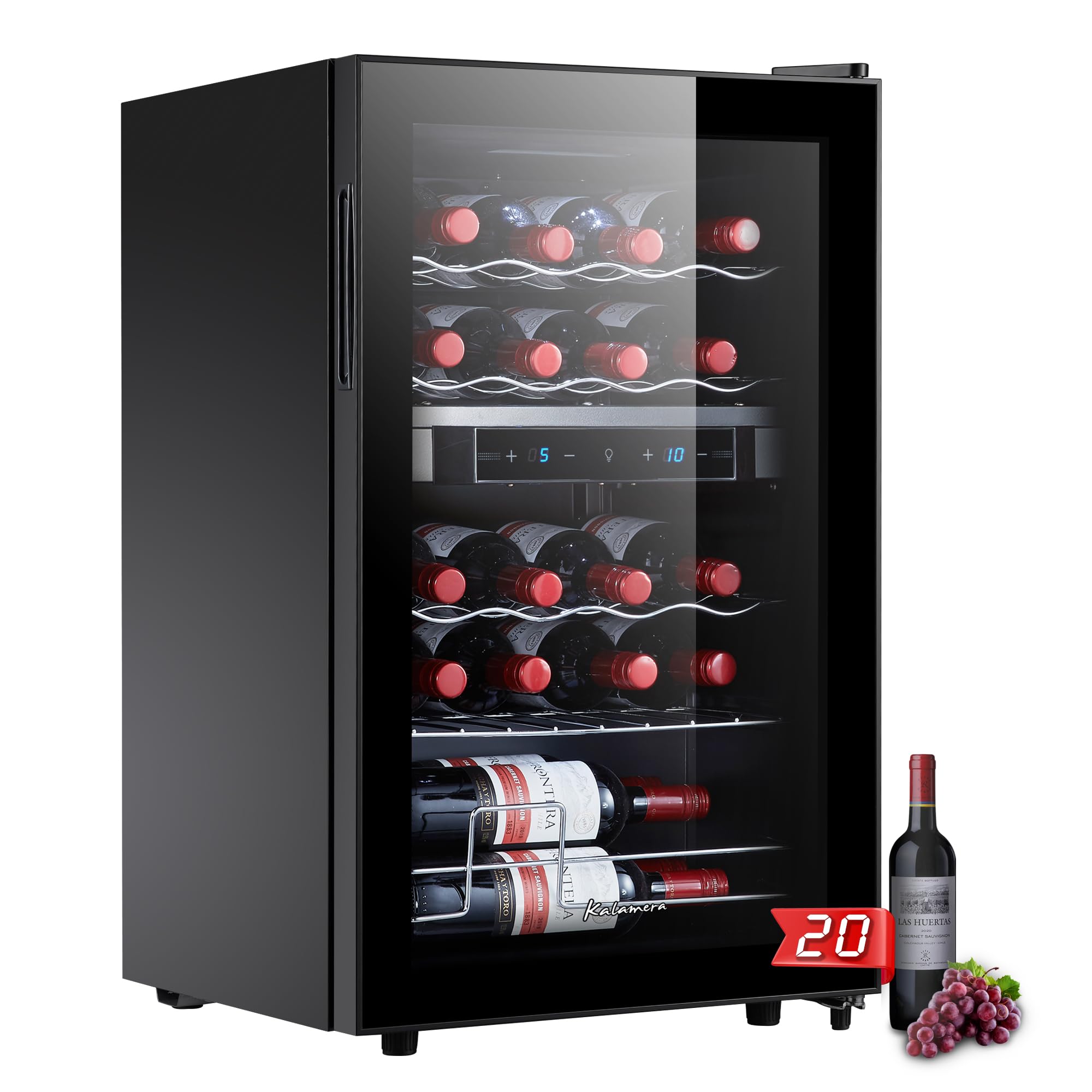 Kalamera Frigorifero per vino 2 zone, pannello di controllo a sfioramento, porta in vetro nero, maniglia a scomparsa, frigorifero per bottiglie 20 litri, zona di raffreddamento 5-18°C, KRC-68BFG