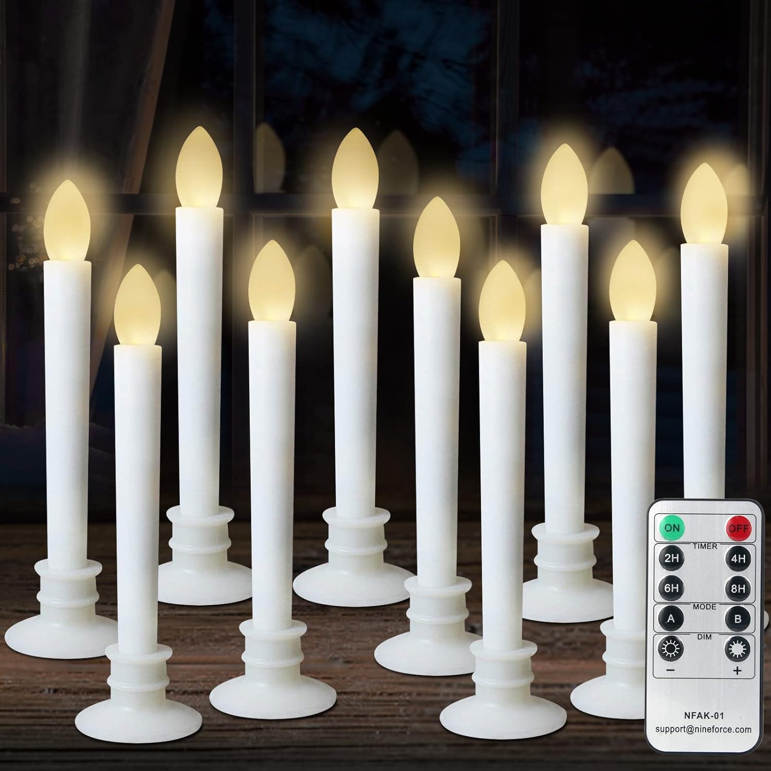 10 Pack Flameless Taper Candles with Remote/Timer, Battery Operated Flickering LED Window Candles, Vintage Christmas Electric Fake Candlesticks, White Holder
