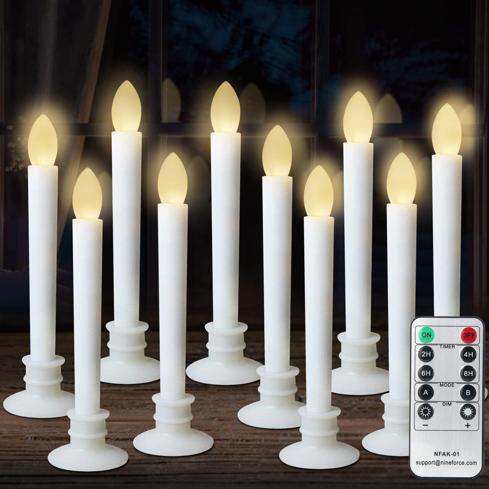 Window Candles with Remote and Timers - Battery Operated Taper Candles Flickering Flameless Led Electric Candle with Ivory Candles Holders - 10 Pack