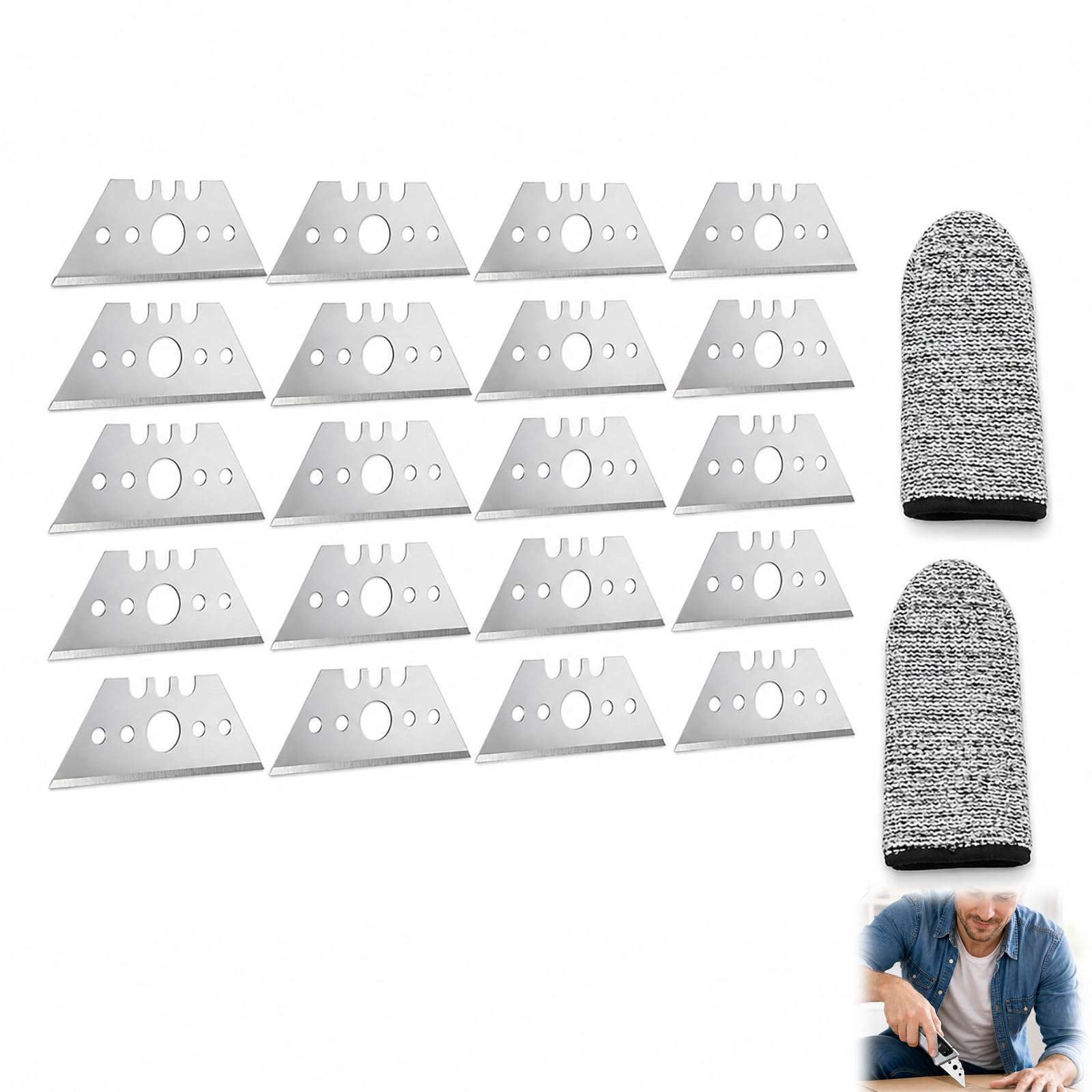 20 Stück Trapezförmige Cutterklingen, Ersatzklinge, 52 mm, Universal, für Bastel- und Kunstmesser, präzises Schneiden von Karton, Kunststoff, Teppich und Leder mit 2 Anti-Schnitt-Fingern