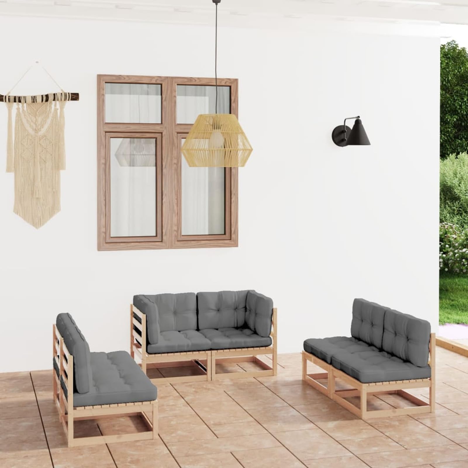 LAPOOH Zestaw mebli ogrodowych 6 sztuk i poduszek, zestaw ogrodowy, zestaw ogrodowy, meble ogrodowe na taras, zestaw mebli ogrodowych, sofa do ogrodu na taras, lite drewno sosnowe