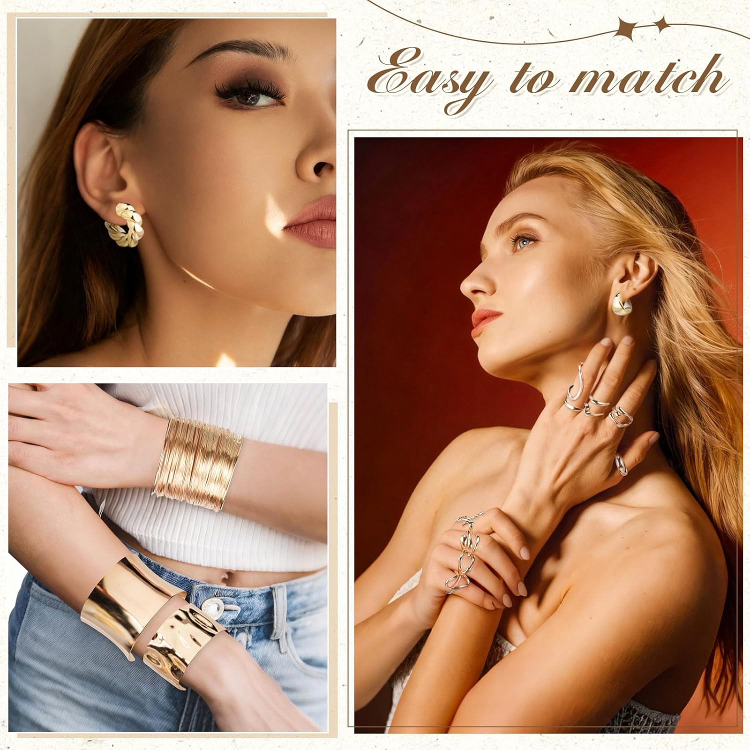 Tondiamo 27 Pcs Chunky Gold Jewelry Set for Women with Cuff Bangle Bracelets, Hoop Earrings and Stackable Knuckle Rings Accessories Non Tarnish Gold Plated Chunky Bracelets Earrings Rings Gifts - Image 5