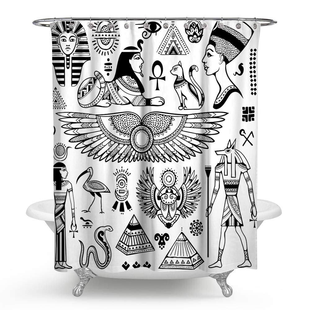 HMWR Egypt Boho Mystic Pharaoh Mummy Totem Decor Fabric Waterproof Bath Shower Curtain African Egyptian Queen Nefertari Tribal Ethnic Bathroom Shower Curtain Standard Size 70" x 70",White and Black