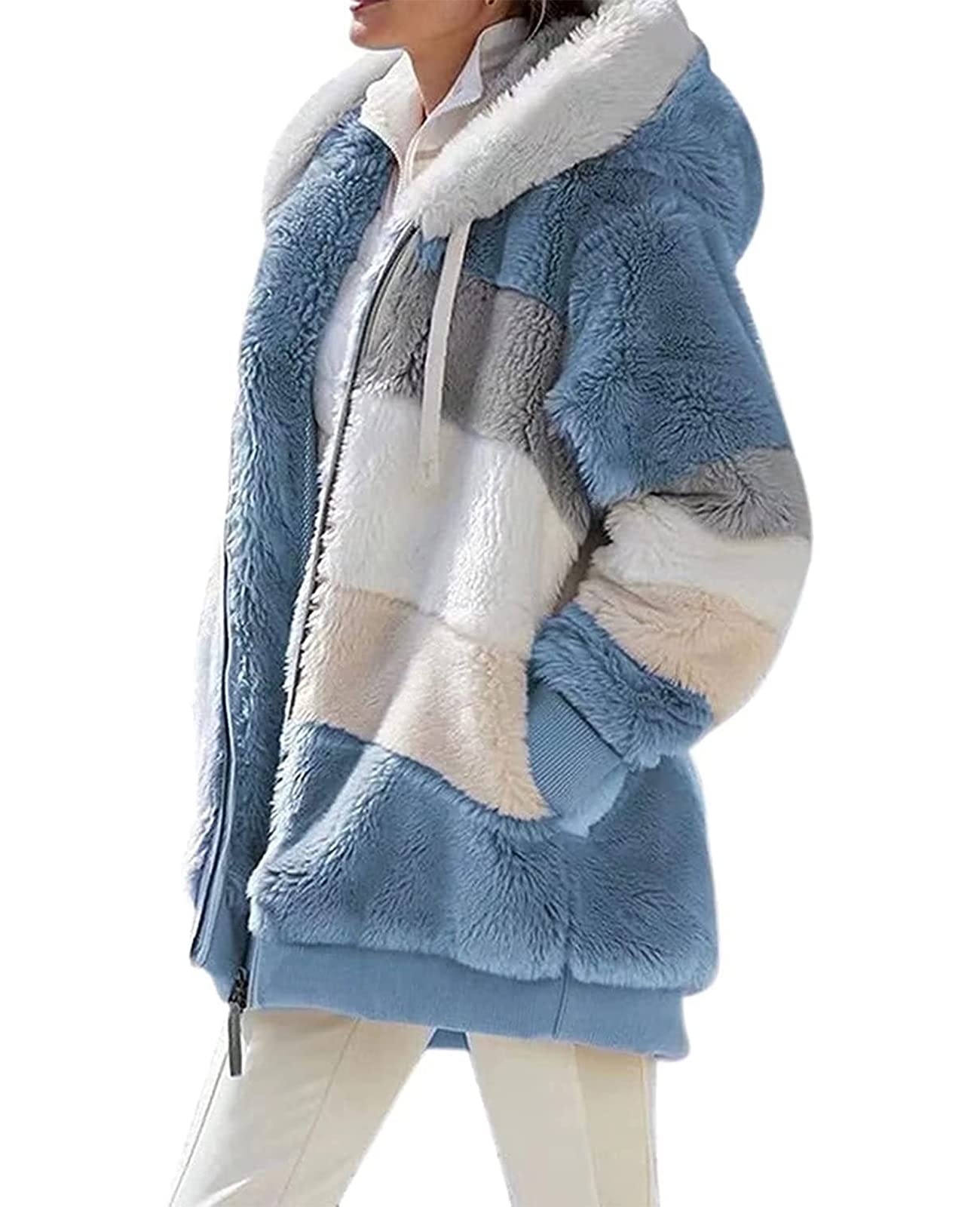Damen Fleecejacke Mit Kapuze - Warme Plüschjacke Mit Reißverschluss Für Winter