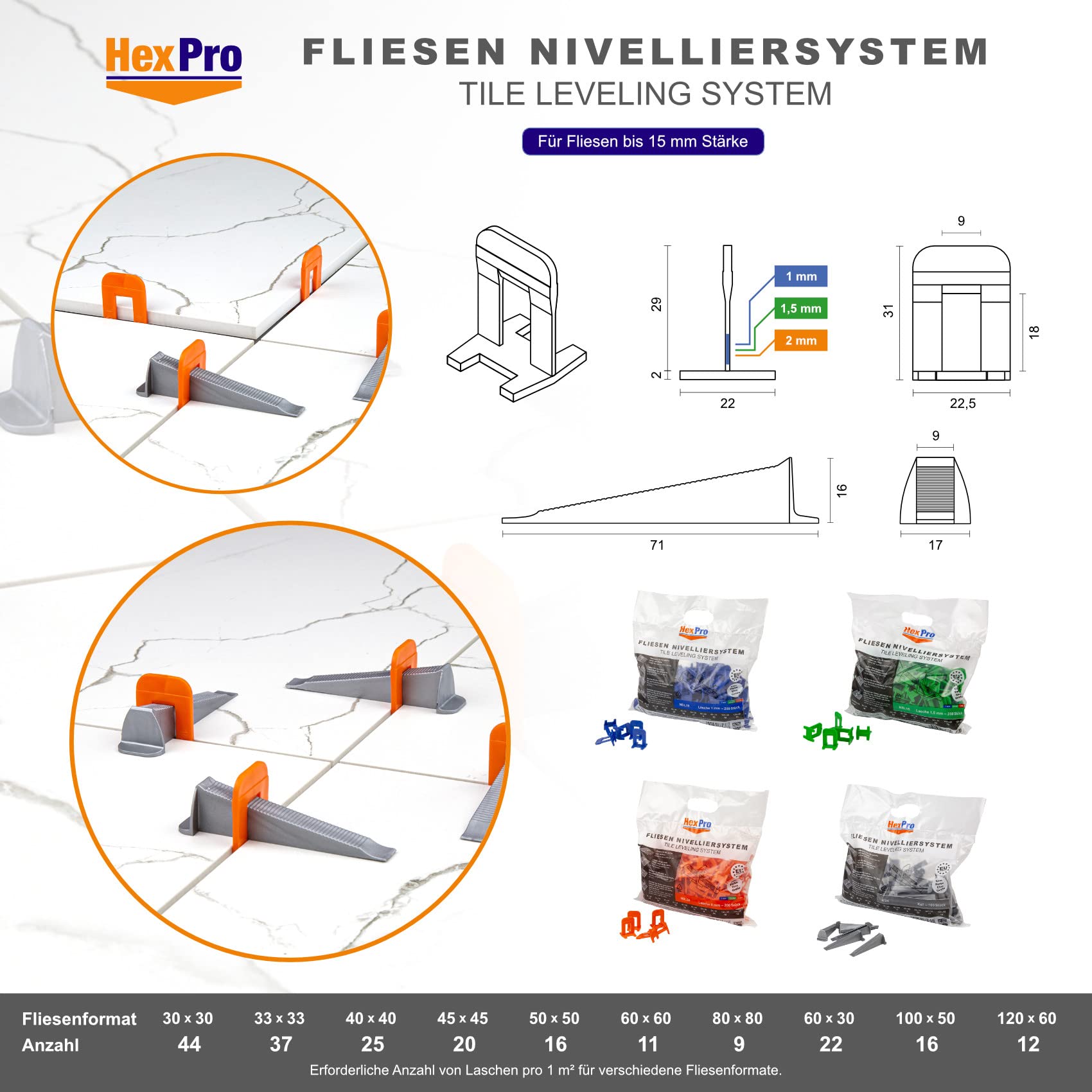 Sistema de nivelación de azulejos, set de ayuda de instalación, grosor de baldosas de hasta 15 mm, lengüetas de 1-2 mm, cuñas para azulejos (4000 lengüetas de 2 mm)