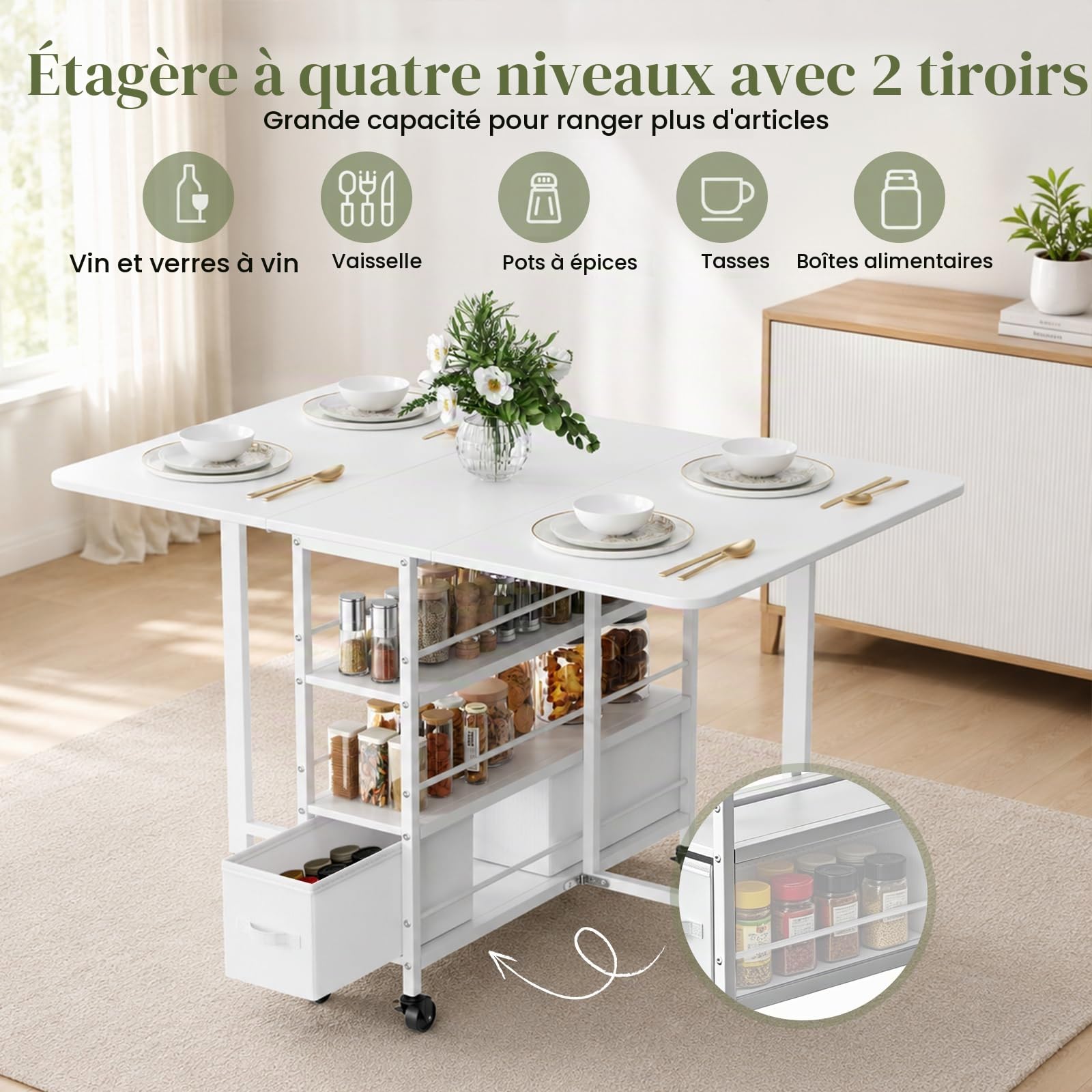 Table à manger pliante blanche 6 roues 2 tiroirs pour petits espaces