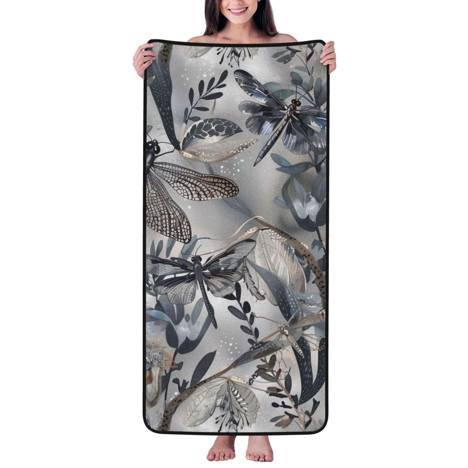 WPKJU Dragonflies Grey Printed Bath Towel with Black Edging - 27x55 in Soft Extra Absorbent Coral Velvet Shower Towels for Bathroom