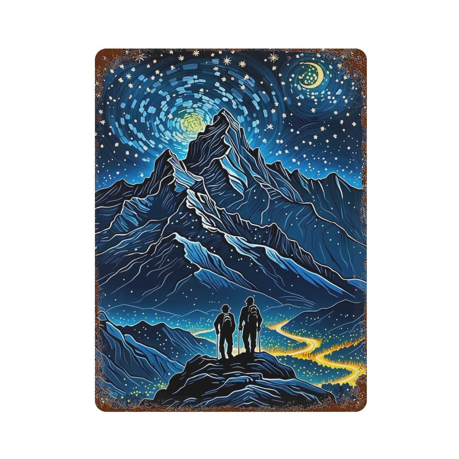 Mountain Climber Starry Night 15.7"x11.8" Rusty Metal Tin Sign, Farmhouse Wall Decor for Office, Studio And Wall Decor