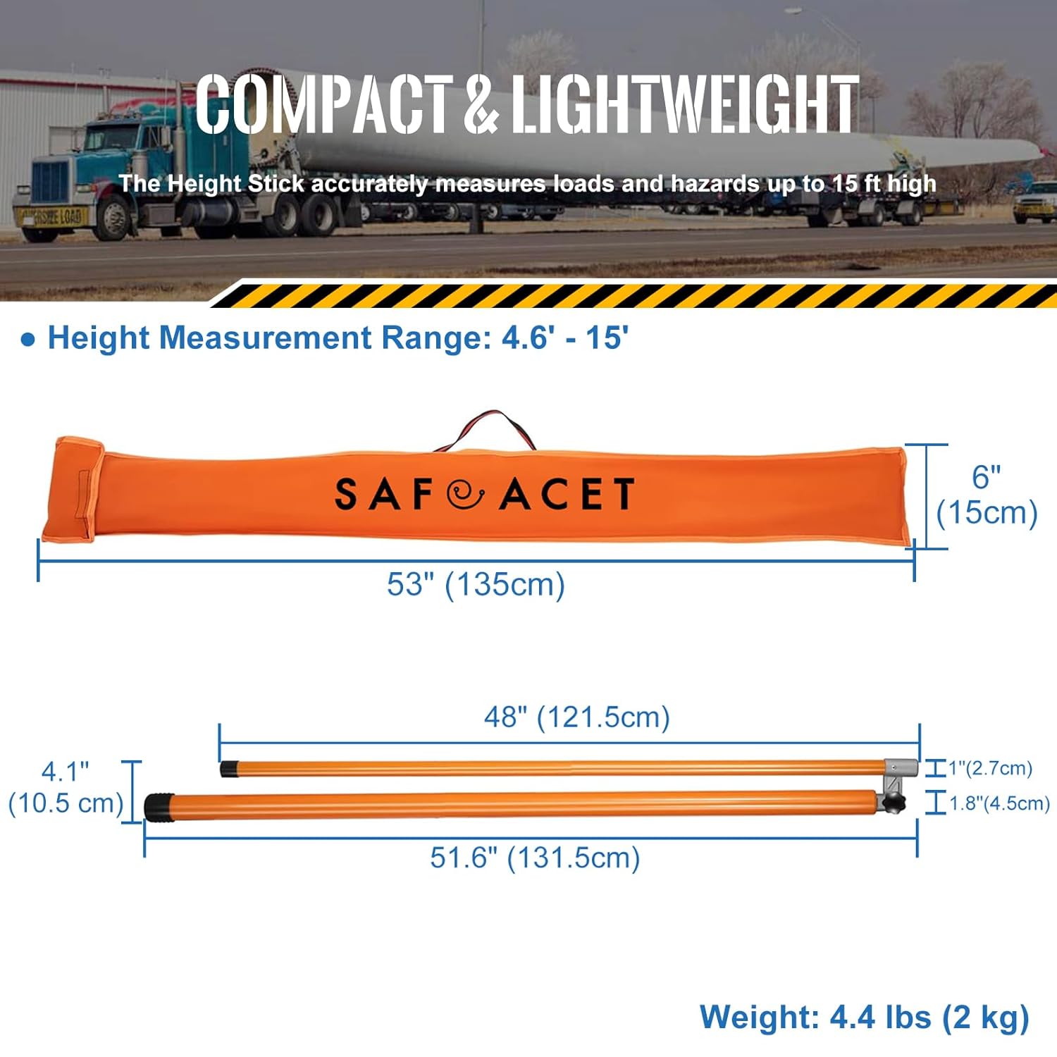 15 ft Height Stick for Semi Trucks, Telesopic Load Height Measuring Sticks with Portable Bag & Folding Cross Pole, Heavy Duty Haul Carrier Essential Tool for Oversize Trailer, Car Haulers
