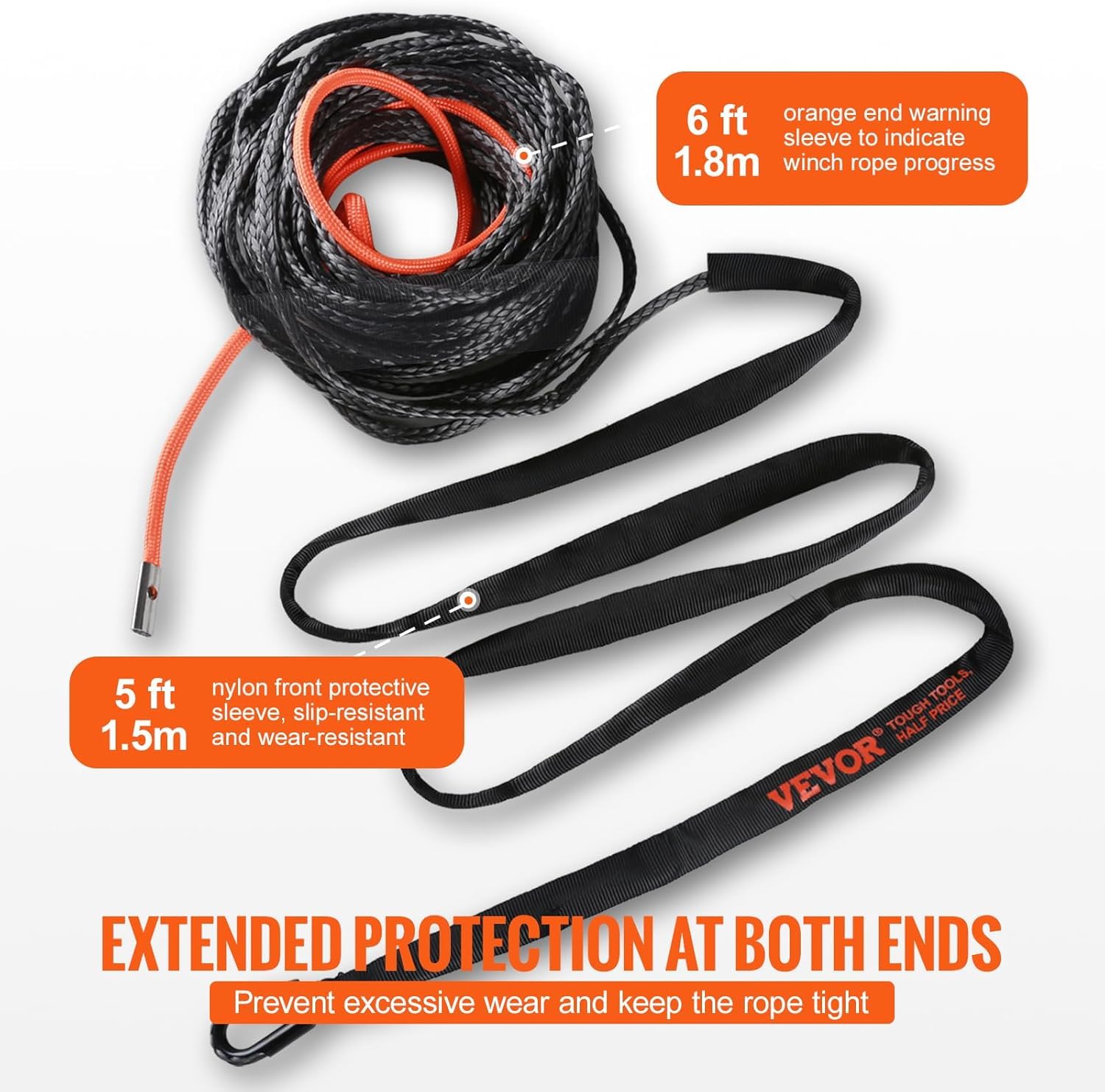 VEVOR Linka wyciągarki 9,5 mm x 30,5 m Kabel syntetyczny o wytrzymałości 117,9 kN z tuleją ochronną, hakem wyciągarki, pasem trakcyjnym do SUV-ów i dużych pojazdów terenowych