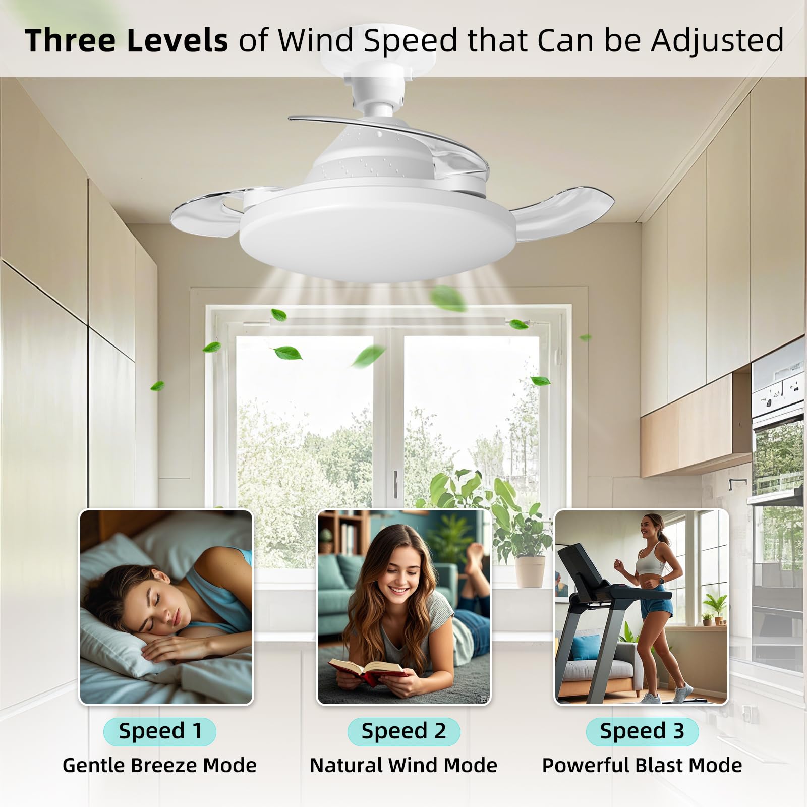 YISUN Ventilatore da Soffitto con Luce LED, 57CM Ventilatore da Soffitto con Invisibile Pale Retrattili, E27 Silenzioso Lampadario con Telecomando,Tempistica, 3 Tonalità Dimmerabile & 3 Velocità